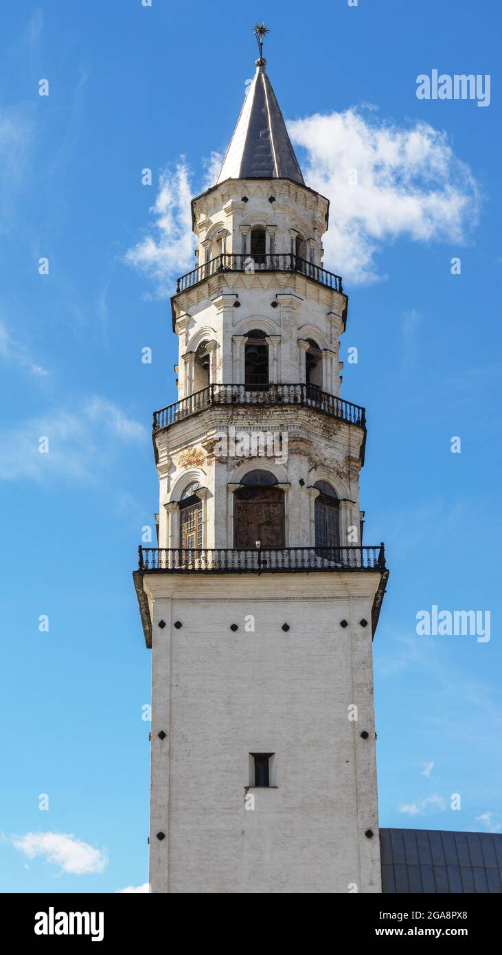 Leaning Tower of Nevyansk in summer day. The top and tiers of tower in the town of Nevyansk in Sverdlovsk Oblast, Russia built in the 18th century. Cl Stock Photo