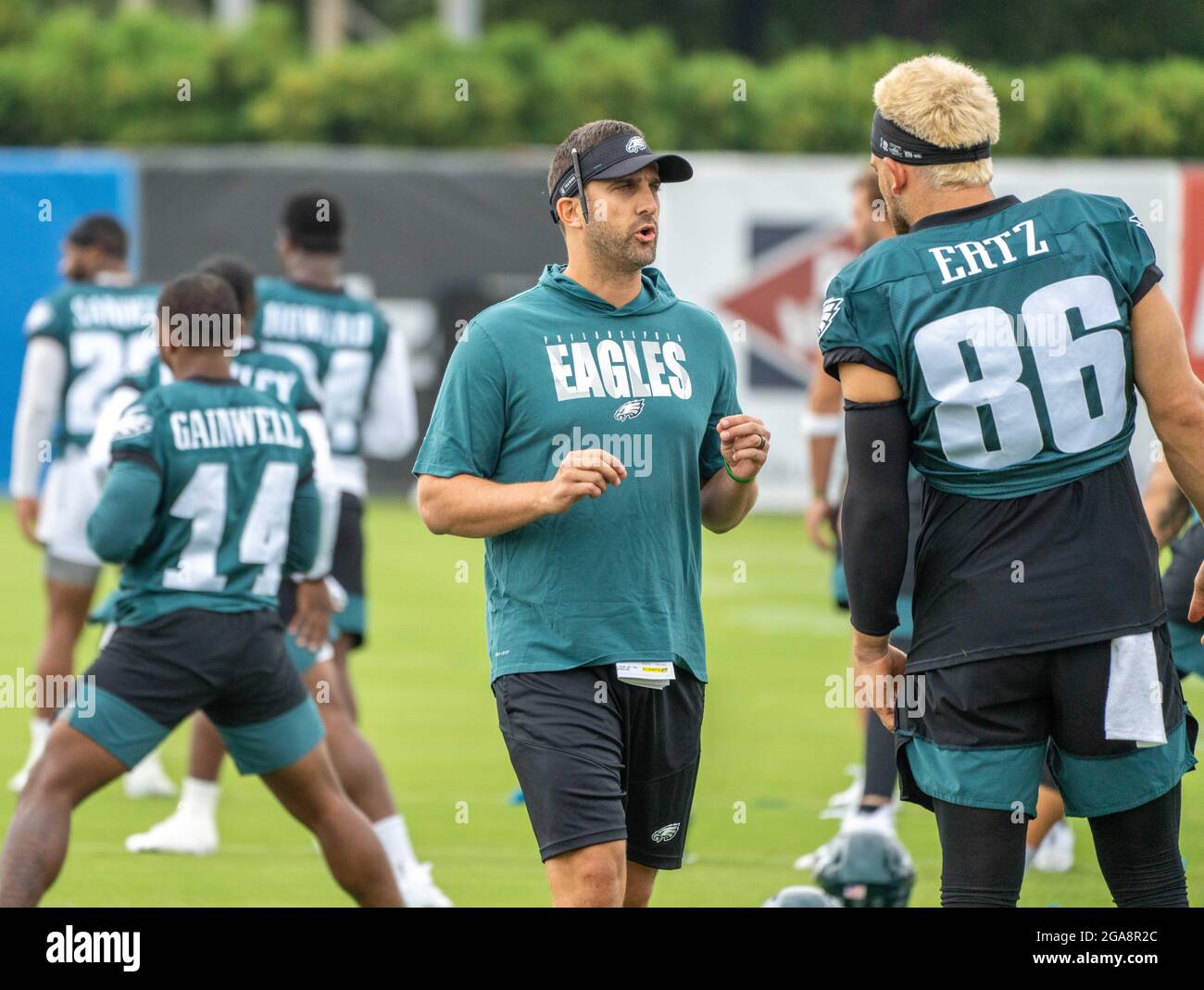Philadelphia, Pennsylvania, USA. 29th July, 2021. National Football League ( NFL) head coach NICK SIRIANNI, of the Philadelphia Eagles, works with tight  end ZACH ERTZ during the second day of training camp at