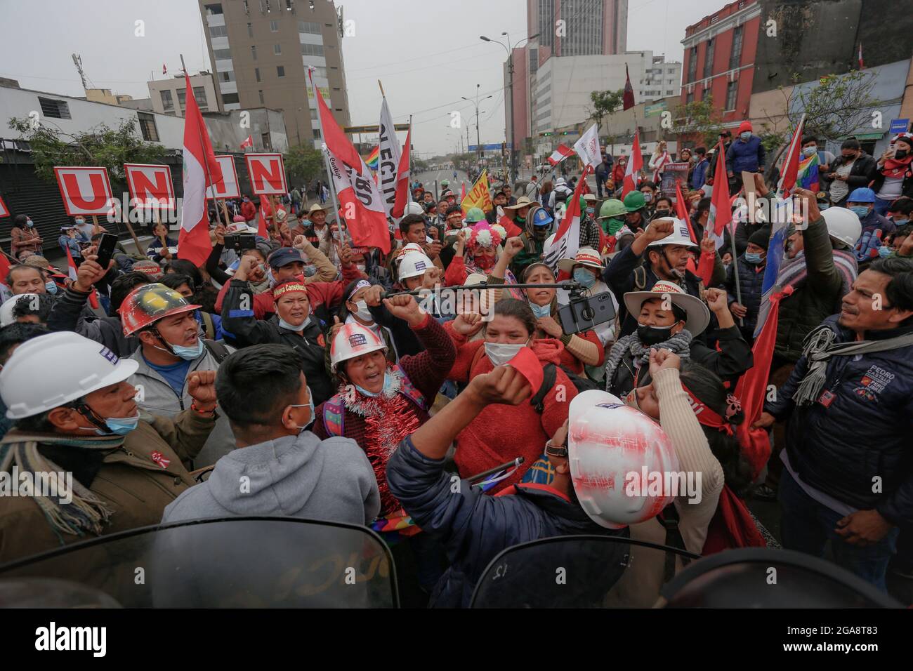 Lima, Peru. 28th July, 2021. Supporters of Castillo attend a rally ...