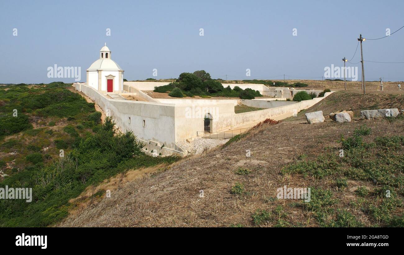 Water House, Casa da Agua, and the Pilgrims Garden of the Sanctuary of Our Lady of the Cape, Cabo Espichel, Portugal Stock Photo