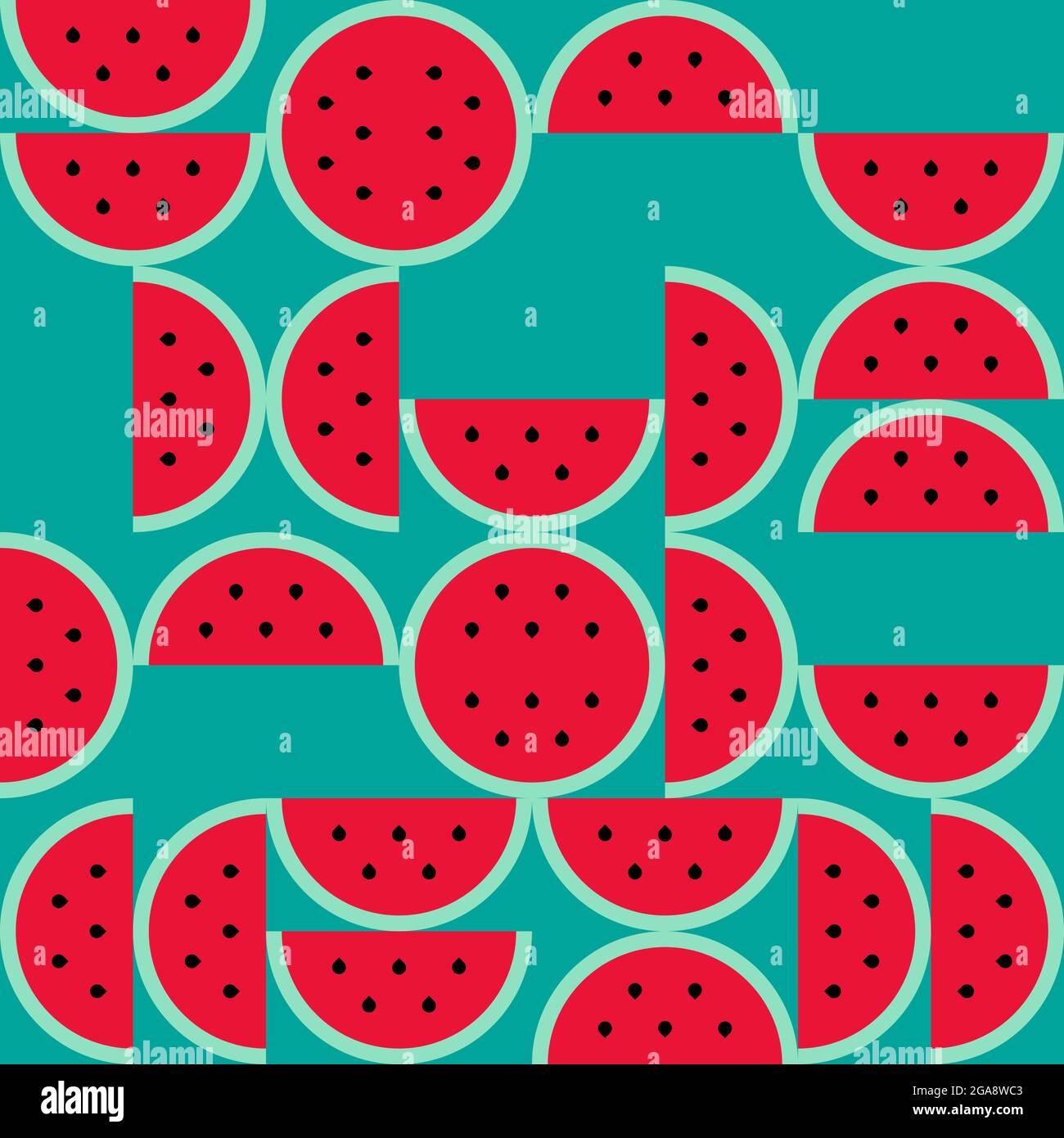 Watermelon summer pattern. Geometrical watermelon. Green background. Square format. Vector illustration, flat design Stock Vector
