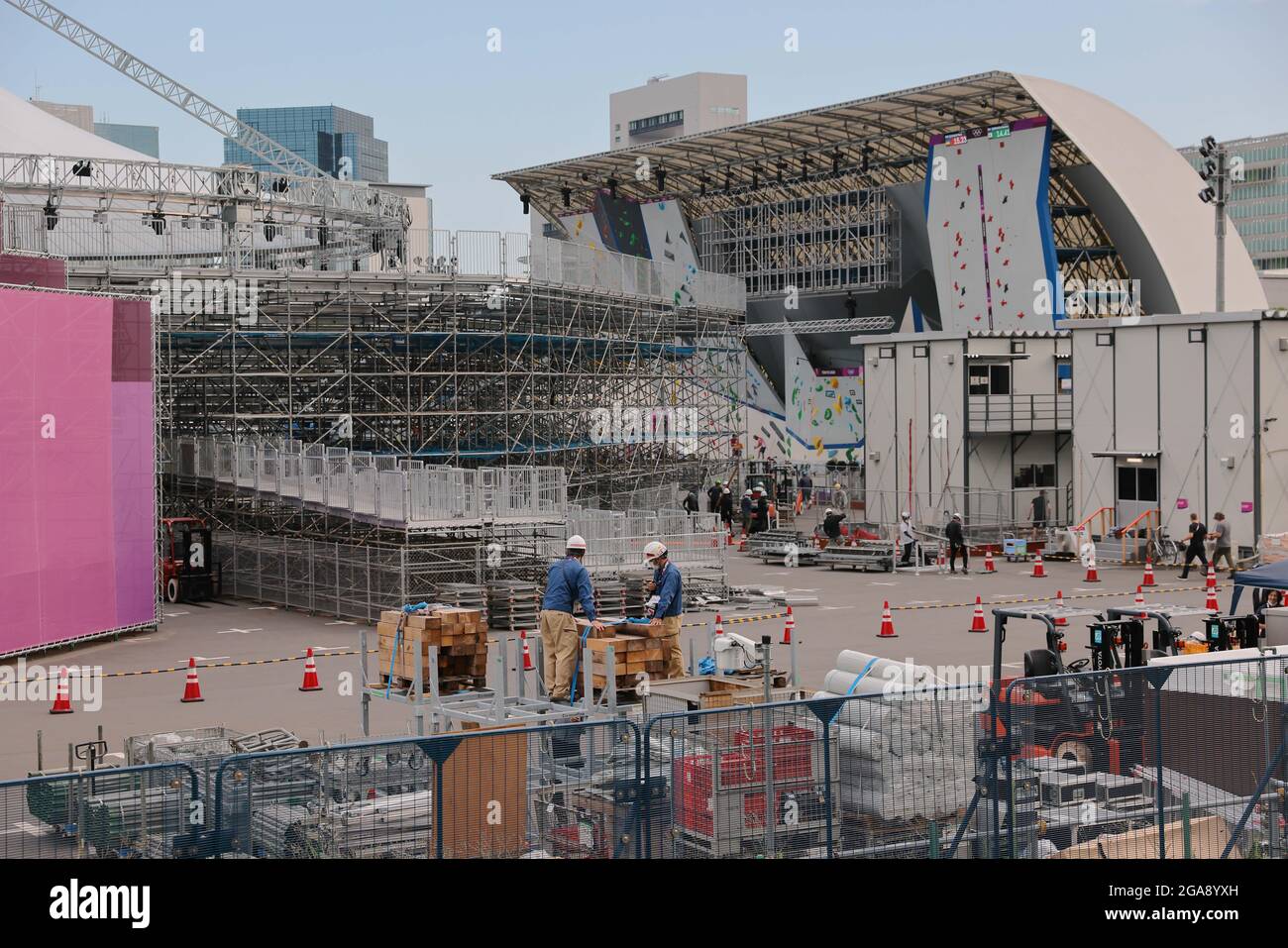 Tokyo, Japan. 29th July, 2021. Aomi Urban Sports Park construction site, the Tokyo 2020 Olympic venue for 3x3 Basketball, Sport Climbing and Football 5-a-side seen on day 7 of the Tokyo 2020 Olympic games. (Credit Image: © Stanislav Kogiku/SOPA Images via ZUMA Press Wire) Stock Photo