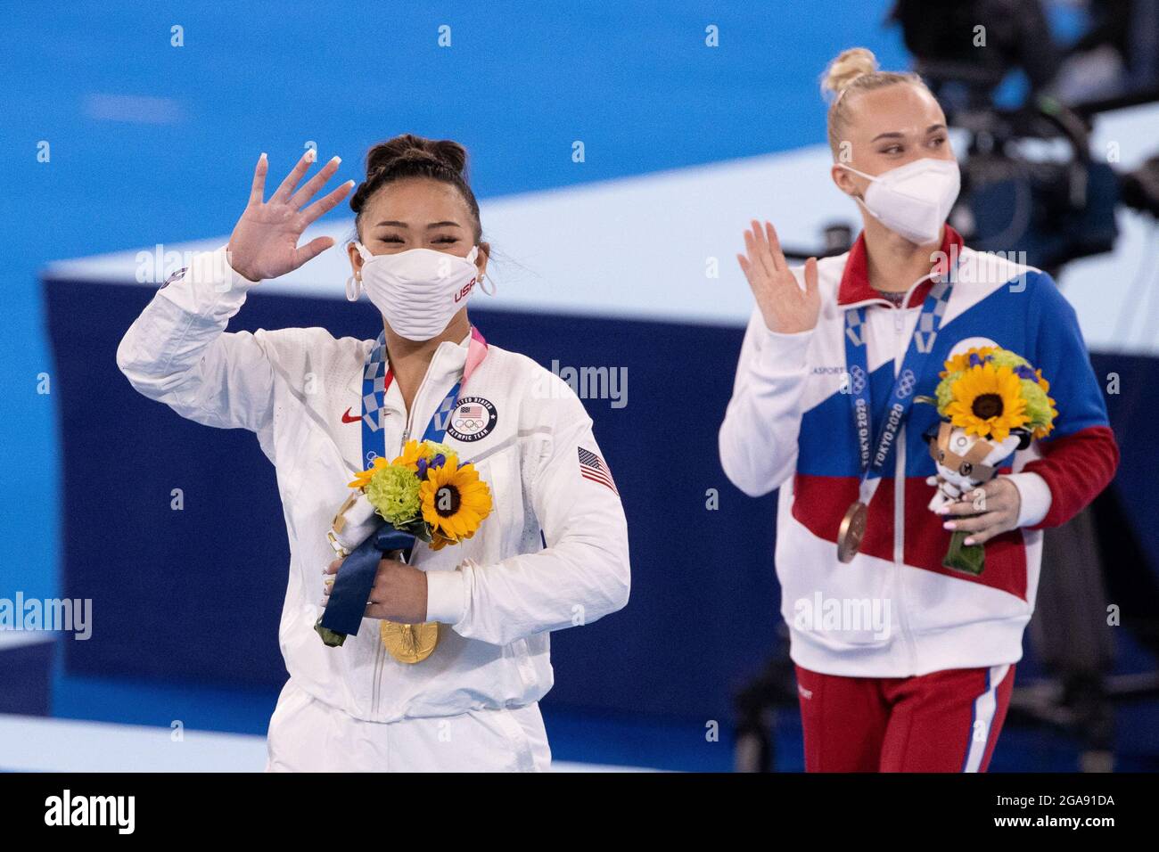 Tokyo, Kanto, Japan. 29th July, 2021. Sunisa Lee (USA) celebrates winning  the gold medal with Angelina Melnikova (ROC) celebrates winning the bronze  medal in the women's gymnastics individual all-around final during the