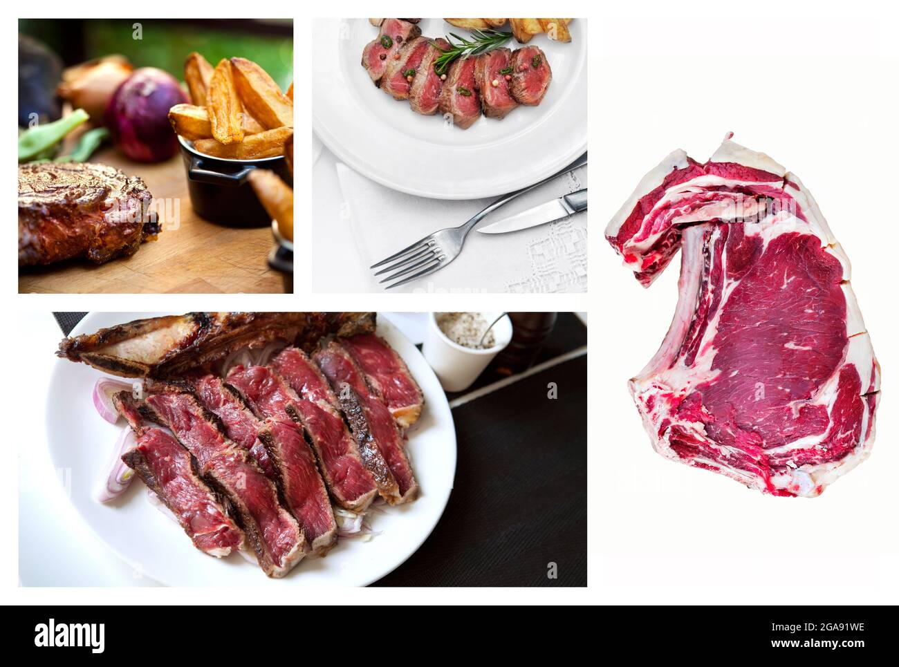 Collage of various meat dishes and prime rib cut on a white background