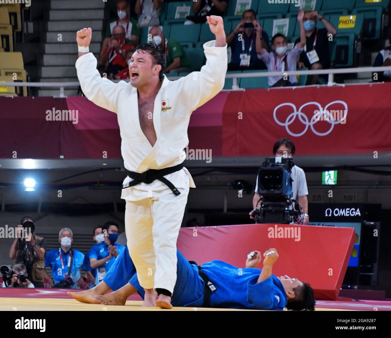 Tokyo, Japan. 29th July, 2021. Japan's Aaron Wolf celebrates after the final the of the Tokyo Olympics Judo Men's 100kg competition at Nippon Budokan in Tokyo, Japan on Thursday, July 29, 2021. Photo by Keizo Mori/UPI Credit: UPI/Alamy Live News Stock Photo