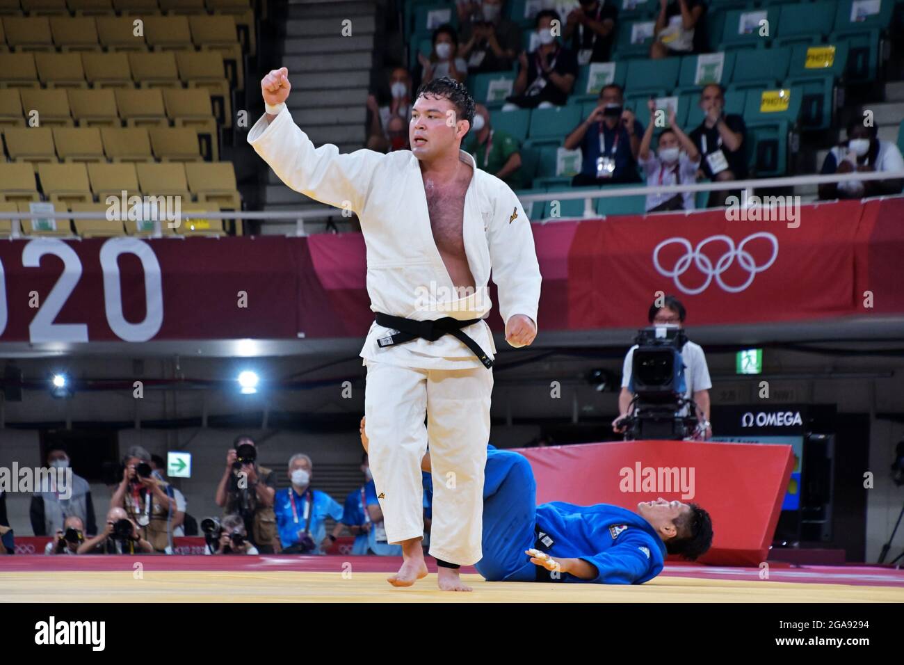 Tokyo, Japan. 29th July, 2021. Japan's Aaron Wolf celebrates after the final the of the Tokyo Olympics Judo Men's 100kg competition at Nippon Budokan in Tokyo, Japan on Thursday, July 29, 2021. Photo by Keizo Mori/UPI Credit: UPI/Alamy Live News Stock Photo
