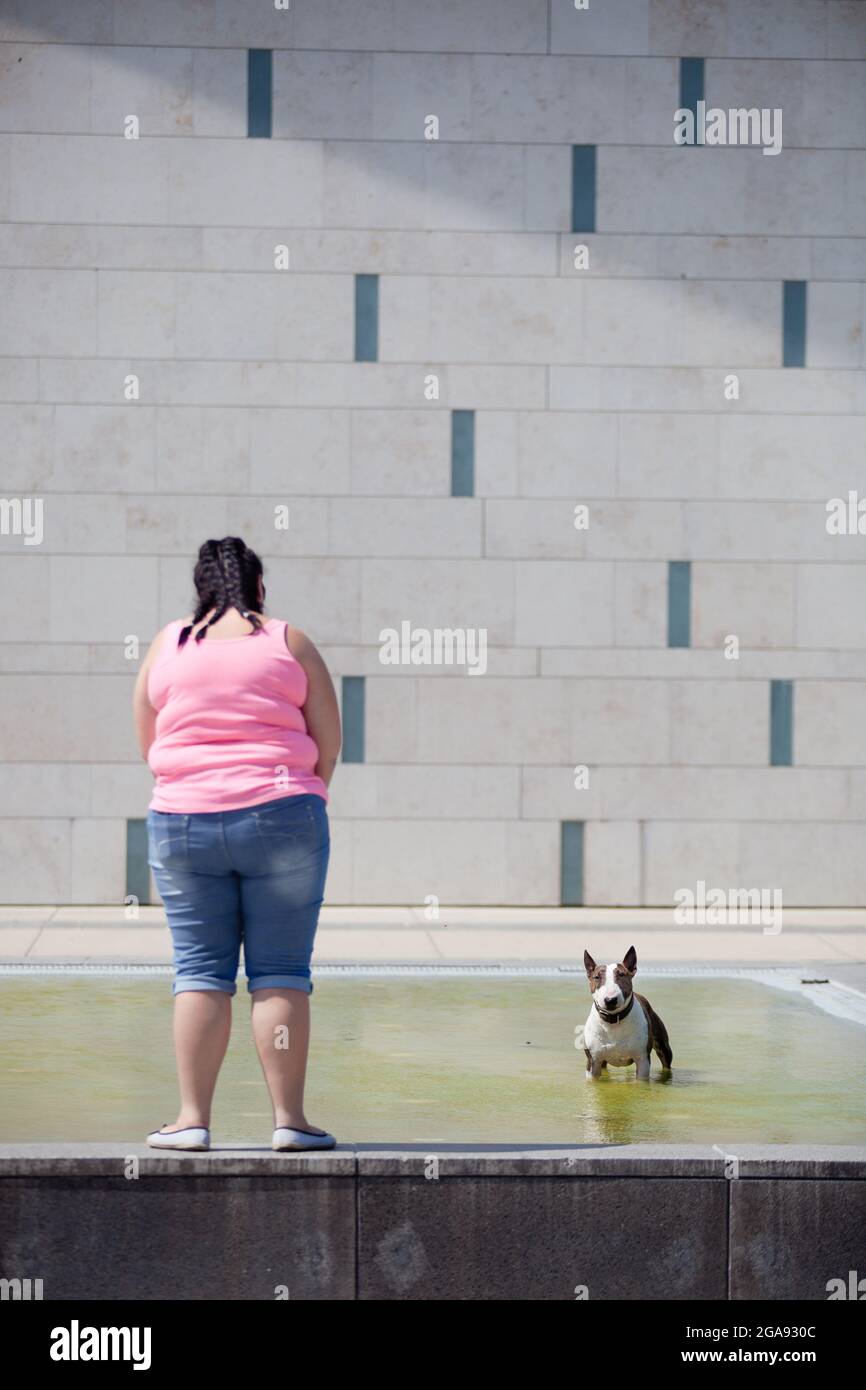 Fat woman backward with a dog in a pool. Fantasy, tale and vision. Stock Photo