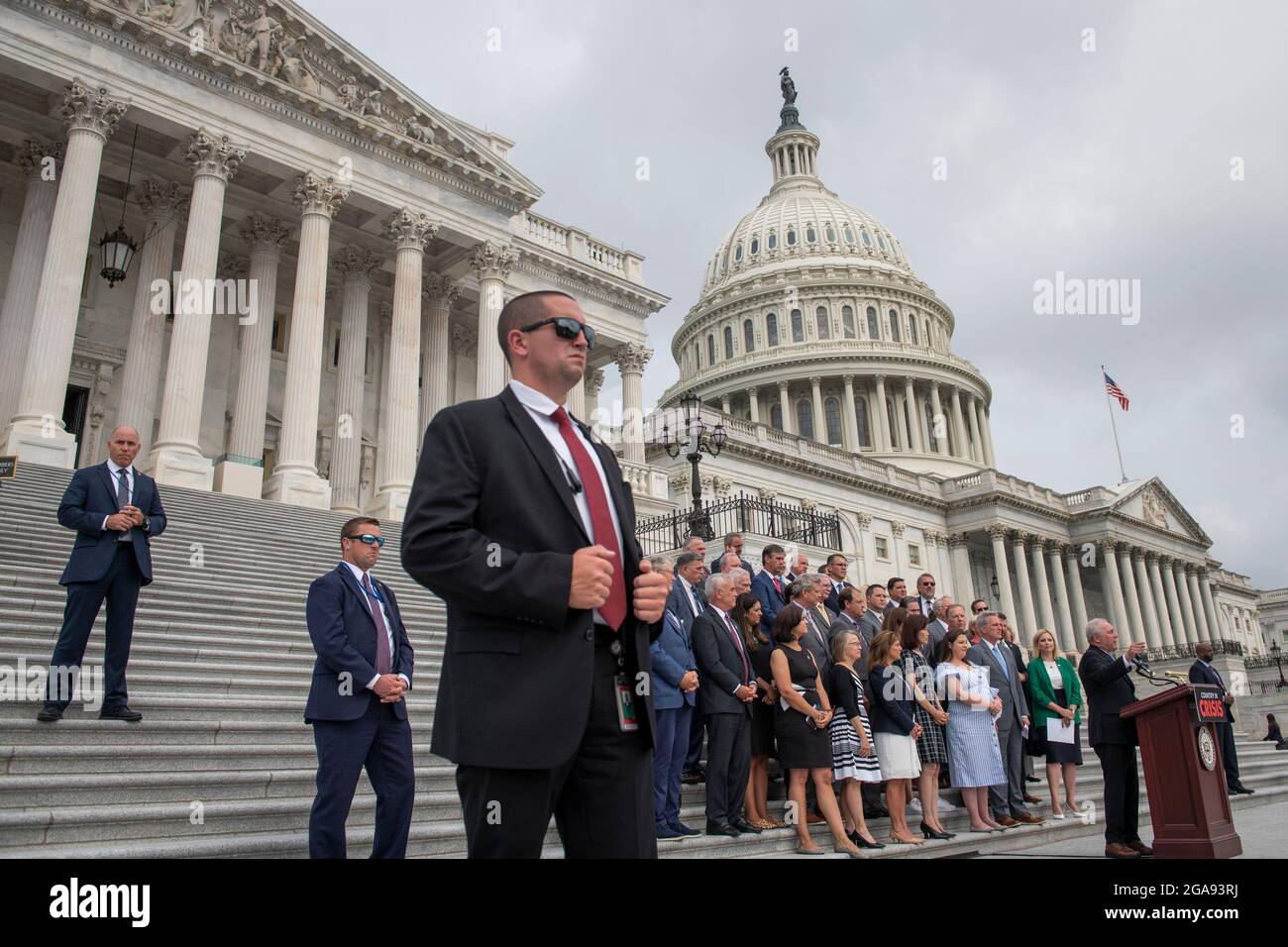Washington, United States Of America. 29th July, 2021. United States House Minority Whip Steve Scalise (Republican of Louisiana) offers remarks on President Joe Biden and House Speaker Nancy Pelosi's leadership during a press conference outside of the US Capitol in Washington, DC, Thursday, July 29, 2021. Credit: Rod Lamkey/CNP/Sipa USA Credit: Sipa USA/Alamy Live News Stock Photo