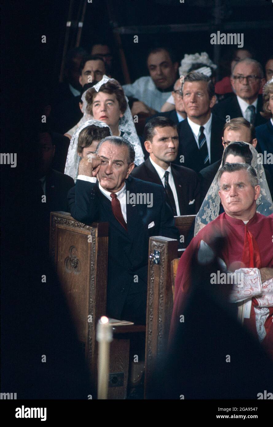 U.S. President Lyndon Johnson attending Mass at Robert F. Kennedy's Funeral, St. Patrick's Cathedral, New York City, New York, USA, Bernard Gotfryd, June 8, 1968 Stock Photo
