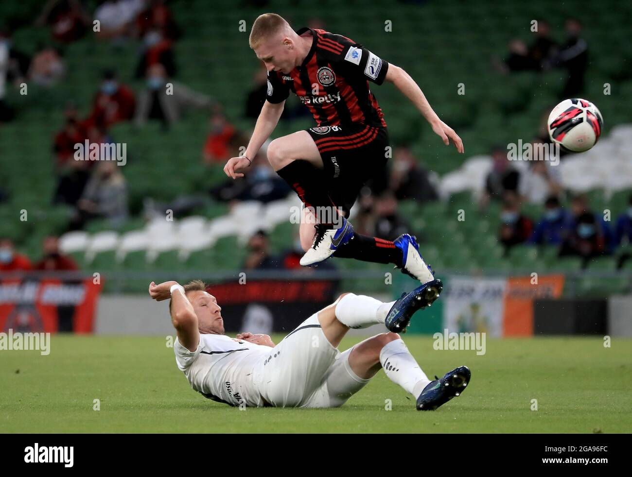 Diddeleng's Filip Bojic (left) and Bohemian's Ross Tierney battle for the  ball during the UEFA Europa Conference League Second Qualifying Round,  Second Leg match at the Aviva Stadium in Dublin, Ireland. Picture