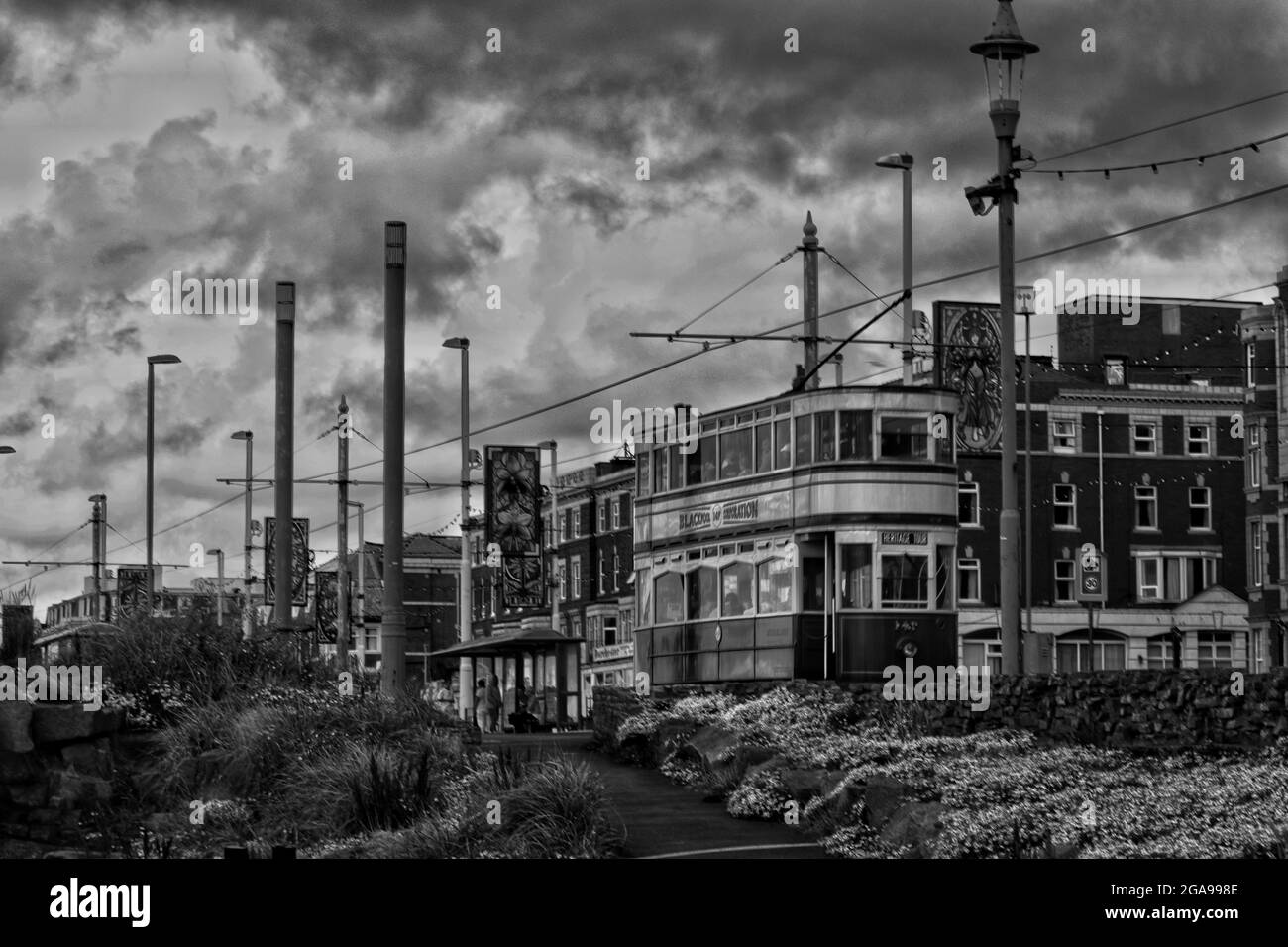 Blackpool Heritage Tram travelling along the Promenade Stock Photo