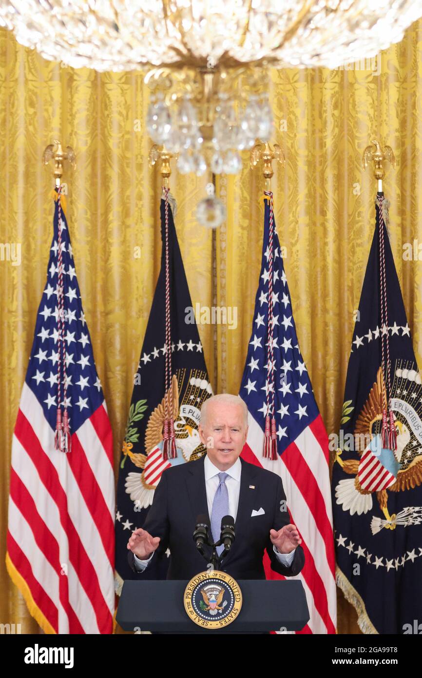 Washington, USA. 29th July, 2021. U.S. President Joe Biden talks about the next steps in the effort to get more Americans vaccinated and combat the spread of the Delta variant in the East Room of the White House on July 29, 2021 in Washington, DC. (Photo by Oliver Contreras/SIPA USA) Credit: Sipa USA/Alamy Live News Stock Photo