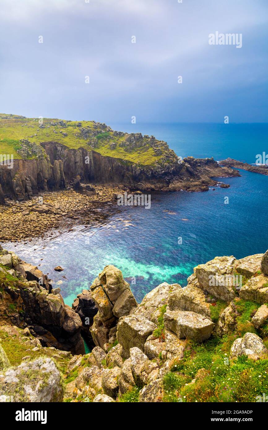 Cove and beach in Gwennap Head on the coast of Cornwall along the South West Coast Path, UK Stock Photo