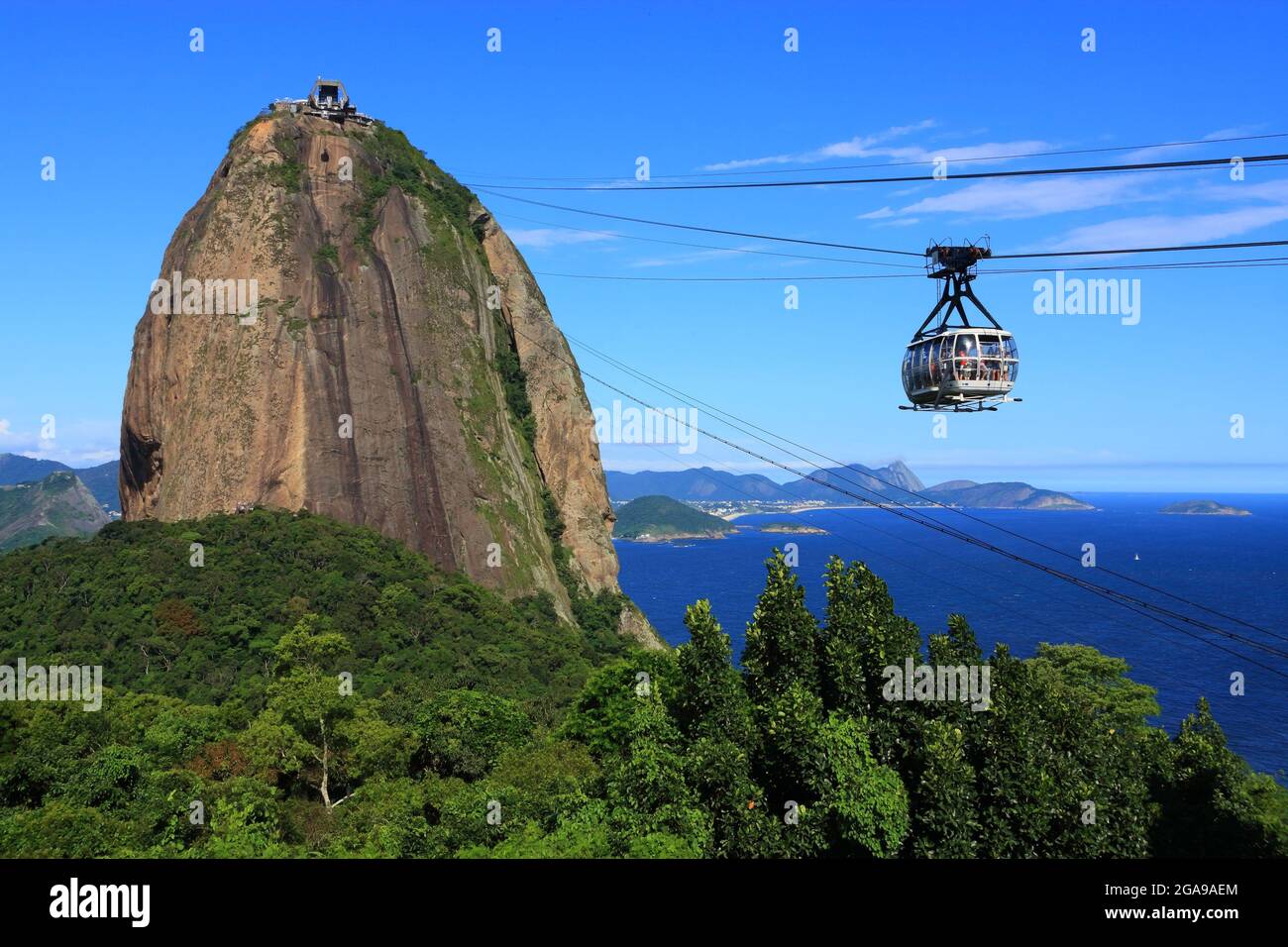 Brazil Rio De Janeiro Sugar Loaf Mountain Pao De Acucar And Cable Car With The Bay And The Atlantic Ocean In The Background Stock Photo Alamy