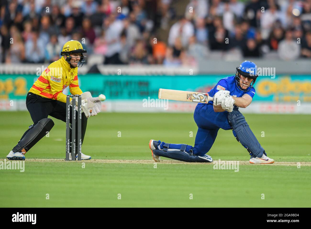 LONDON, UNITED KINGDOM. 29th Jul, 2021. Doin Morgan of London Spirit (Capt.) (left) and Tom Moores of Trent Rockets (right) during The Hundred between London Spirit vs Trent Rockets at Lord's on Thursday, July 29, 2021 in LONDON ENGLAND.  Credit: Taka G Wu/Alamy Live News Stock Photo