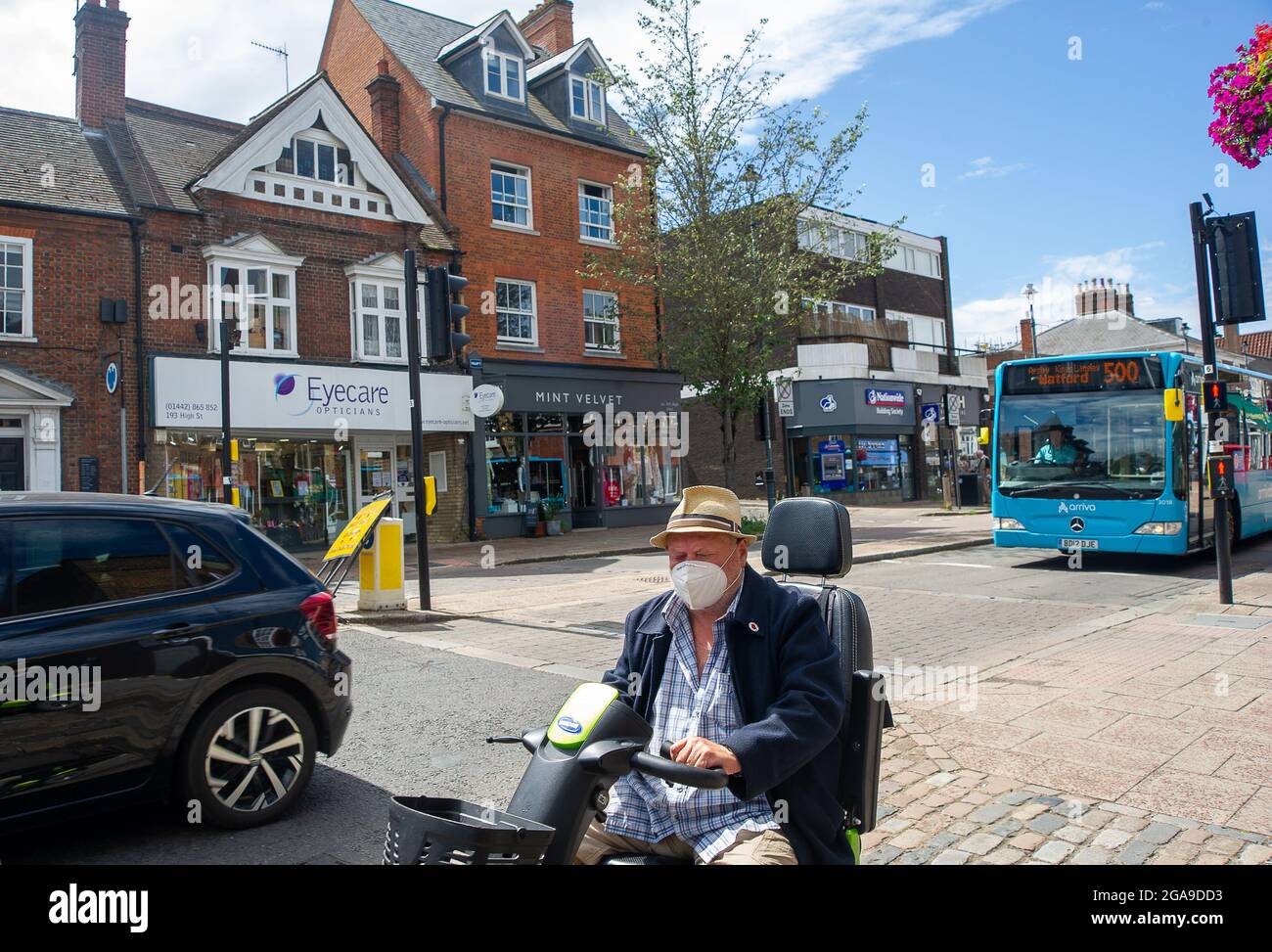 Berkhamsted, Hertfordshire, UK. 28th July, 2021. Shoppers in Berkhamsted High Street today on market day. Credit: Maureen McLean/Alamy Stock Photo