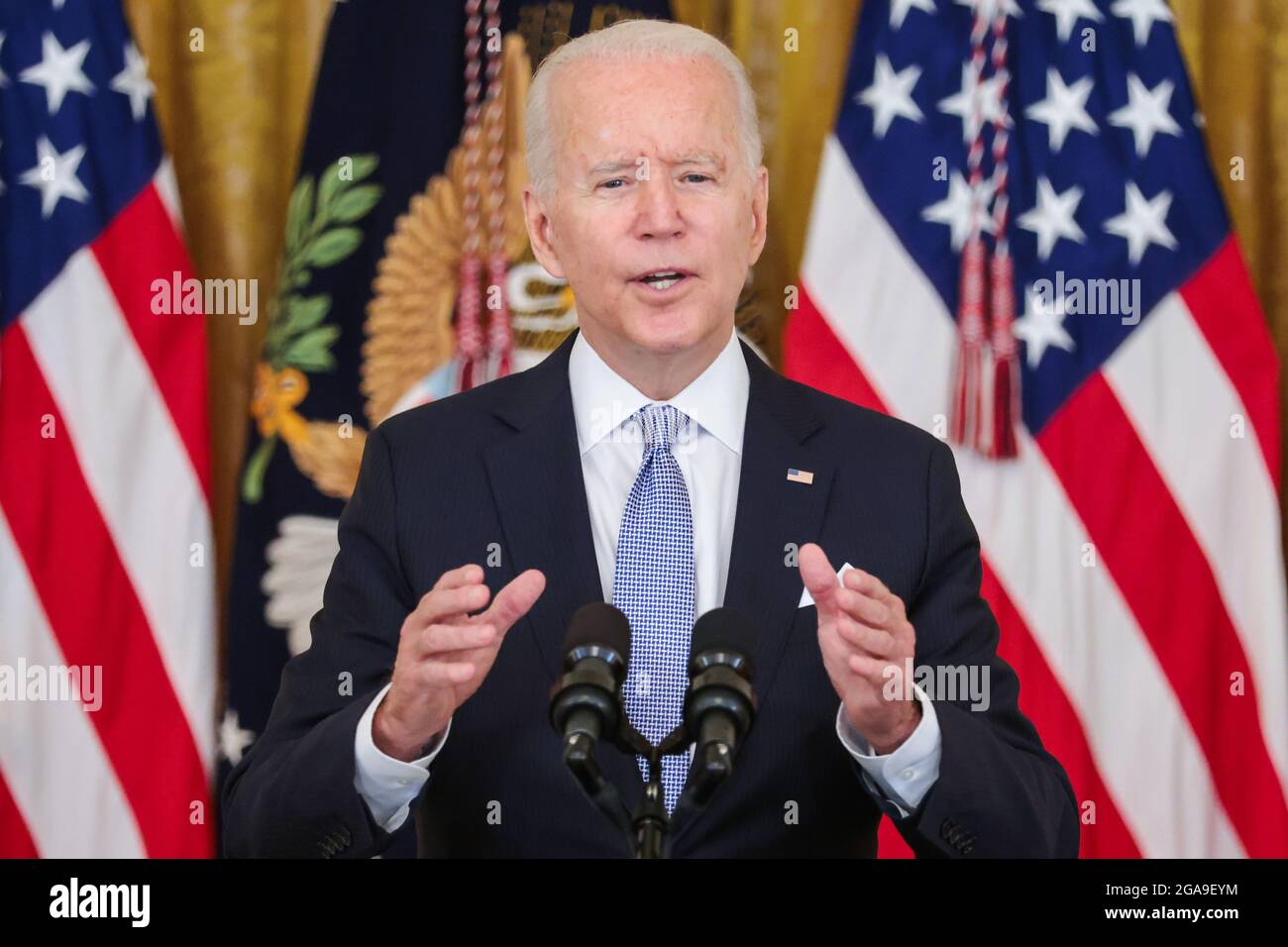 U.S. President Joe Biden talks about the next steps in the effort to get more Americans vaccinated and combat the spread of the Delta variant in the East Room of the White House in Washington, DC on July 29, 2021.Credit: Oliver Contreras/Pool via CNP /MediaPunch Stock Photo