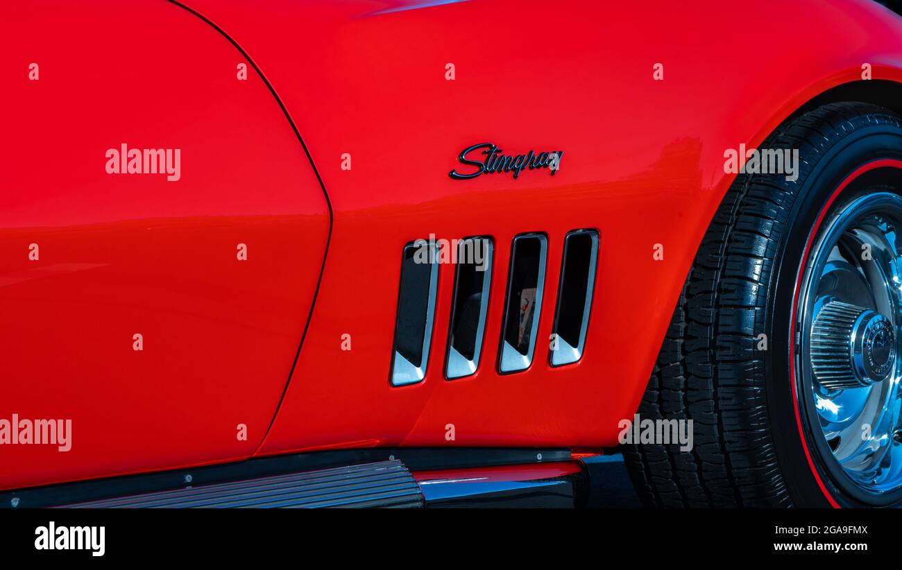PLYMOUTH, MI/USA - JULY 26, 2021: Close-up of a 1969 Chevrolet Corvette side scoop at Concours d'Elegance of America at The Inn at St. John’s. Stock Photo