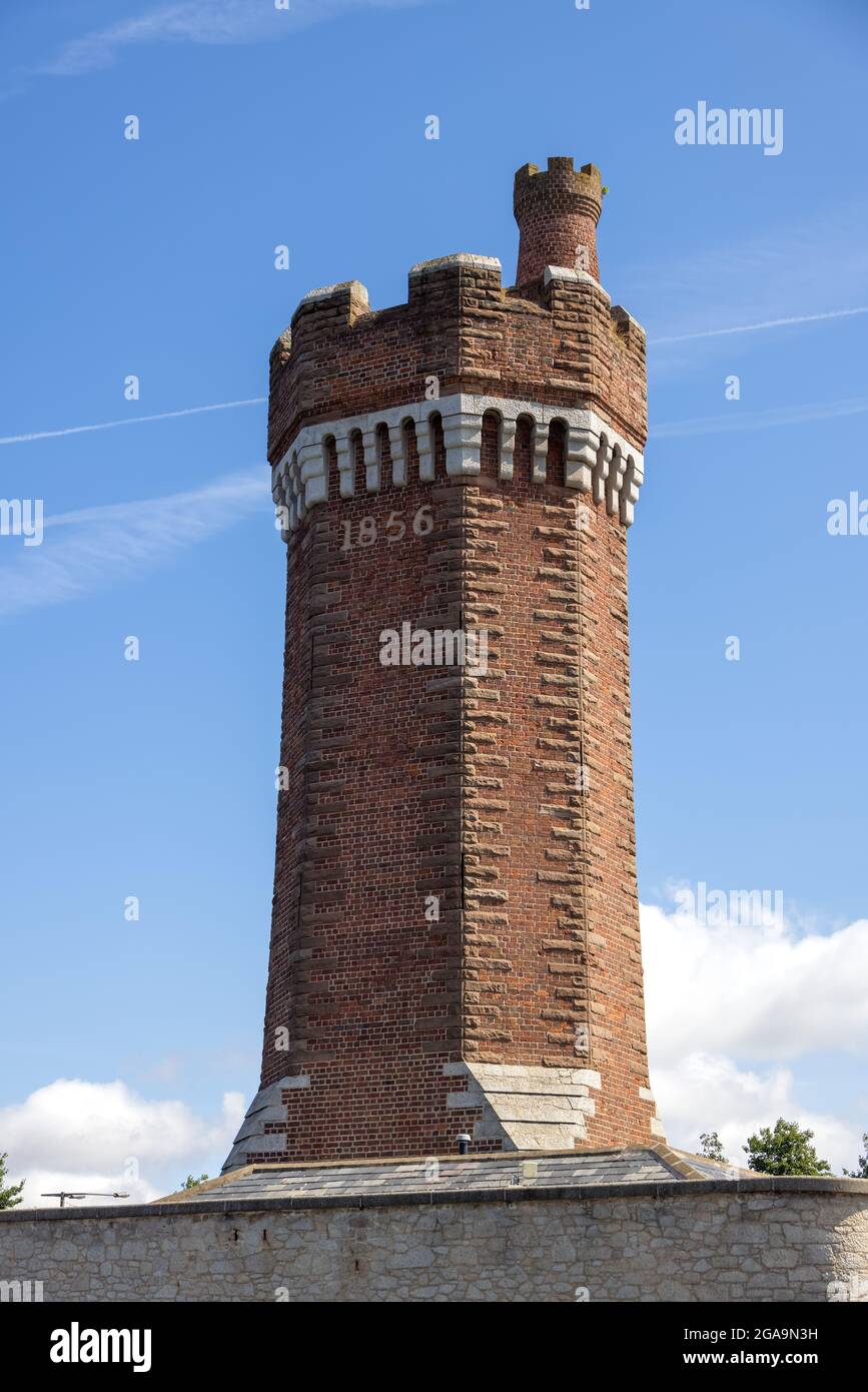 LIVERPOOL, UK - JULY 14 : View of the Brick Hydraulic Tower built in 1856 at Wapping Dock, Liverpool, England on July 14, 2021 Stock Photo