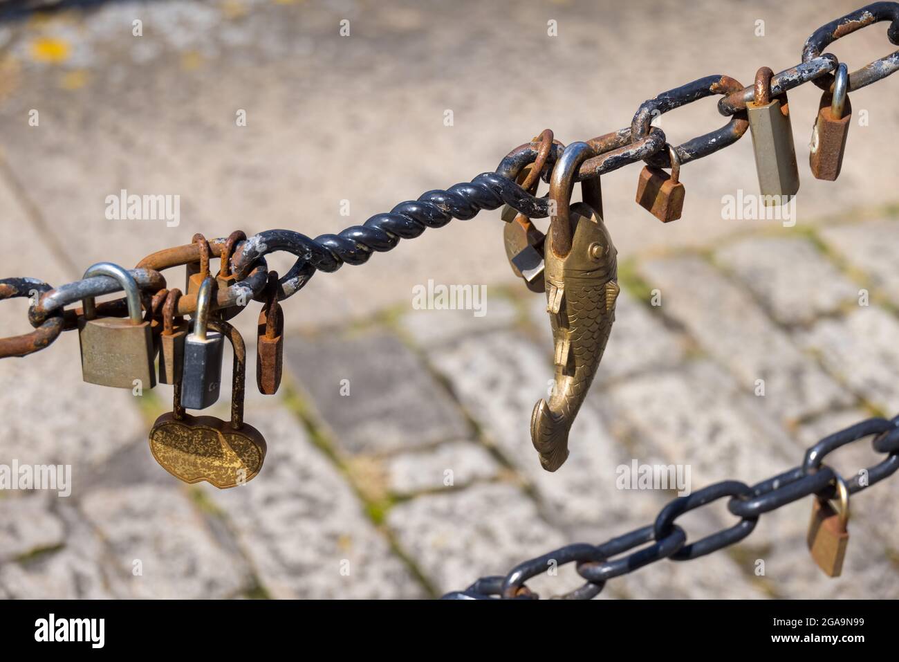 LIVERPOOL, UK JULY 14 Padlocks on chains at Kings Parade Liverpool