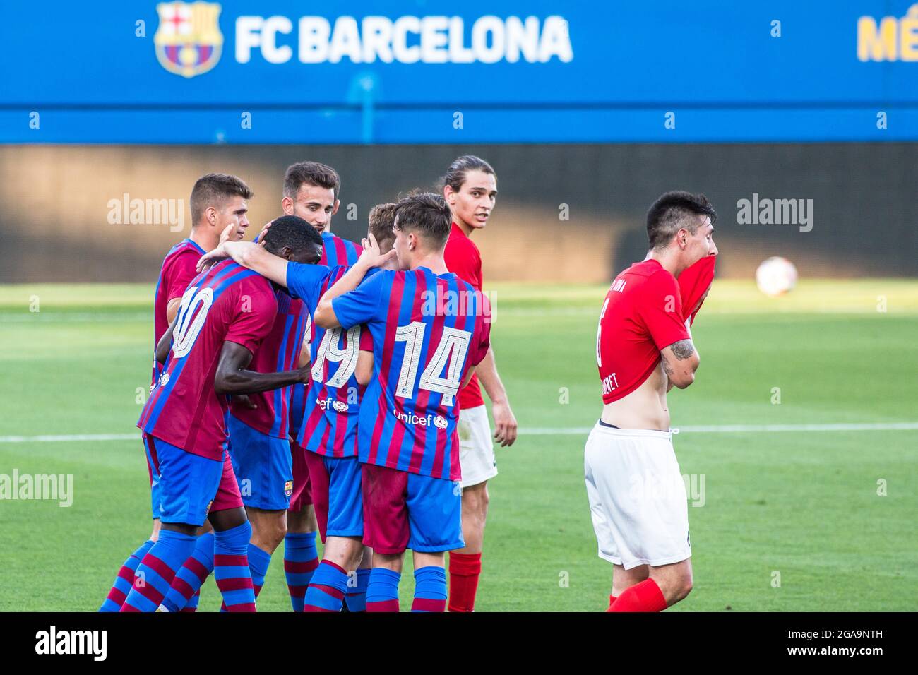 Barcelona Spain 29th July 21 Fc Barcelona B Players Celebrate A Goal During The Friendly Match Between Fc Barcelona B And Fe Grama At The Johan Cruyff Stadium Final Score Ca Barcelona Barcelona Spain 29th July 21 Fc Barcelona B Players Celebrate A Goal During The Friendly Match Between Fc Barcelona B And Fe Grama At The Johan Cruyff Stadium Final Score Ca Barcelona