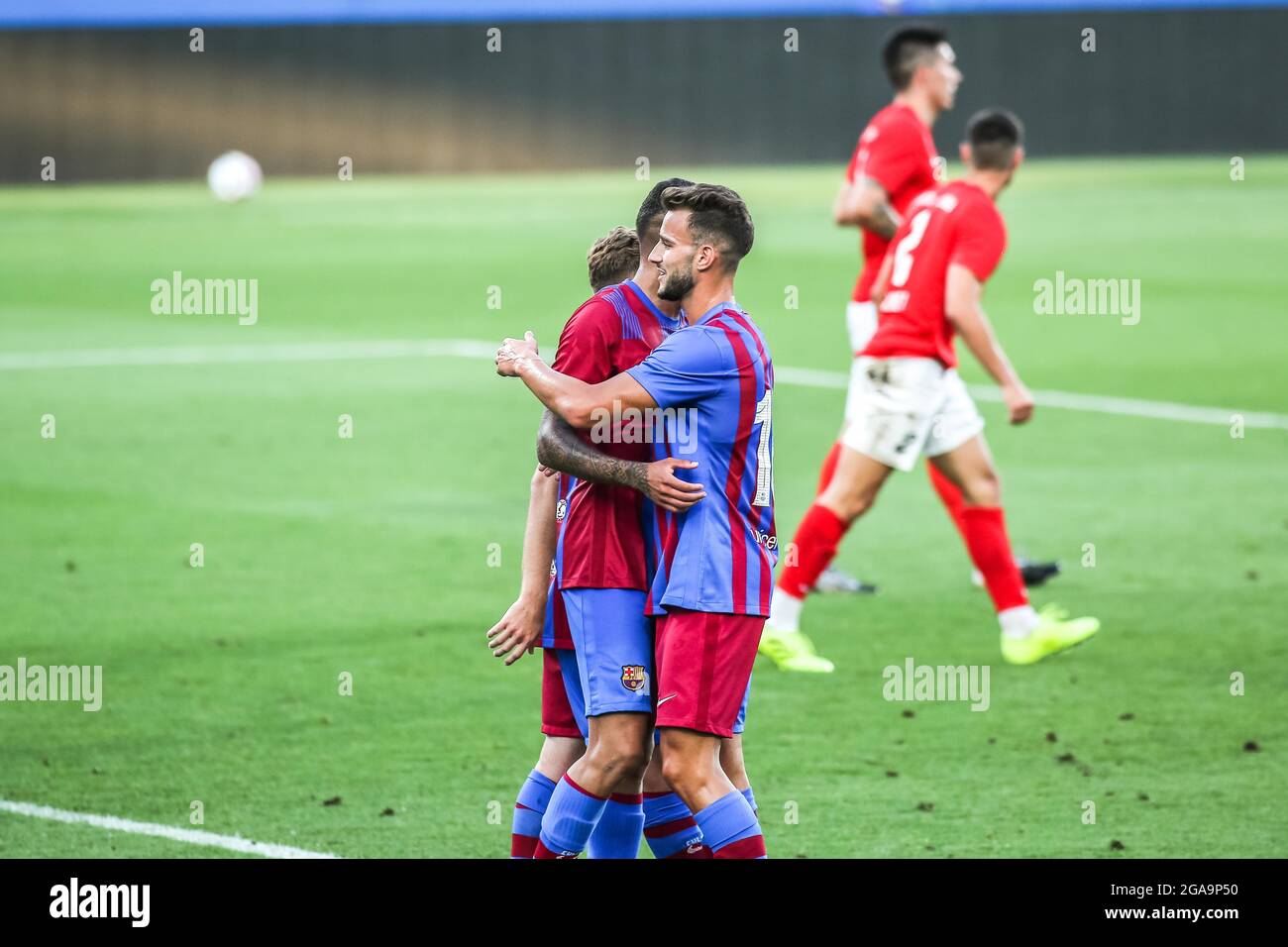 Barcelona, Spain. 29th July, 2021. Matheus Pereira and Peque Polo (FC  Barcelona B) celebrate a goal during the friendly match between FC  Barcelona B and FE Grama at the Johan Cruyff Stadium.(Final