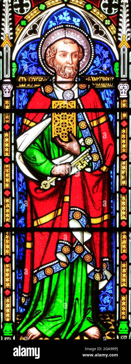 St. Peter, with keys to Heaven, Stained glass window, by William Wailes, 1853, Swaffham, Norfolk, England, UK Stock Photo
