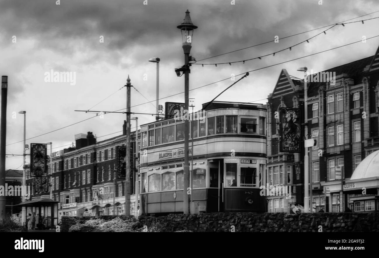 Blackpool Heritage Tram travelling along Blackpool Promenade at North Shore Stock Photo