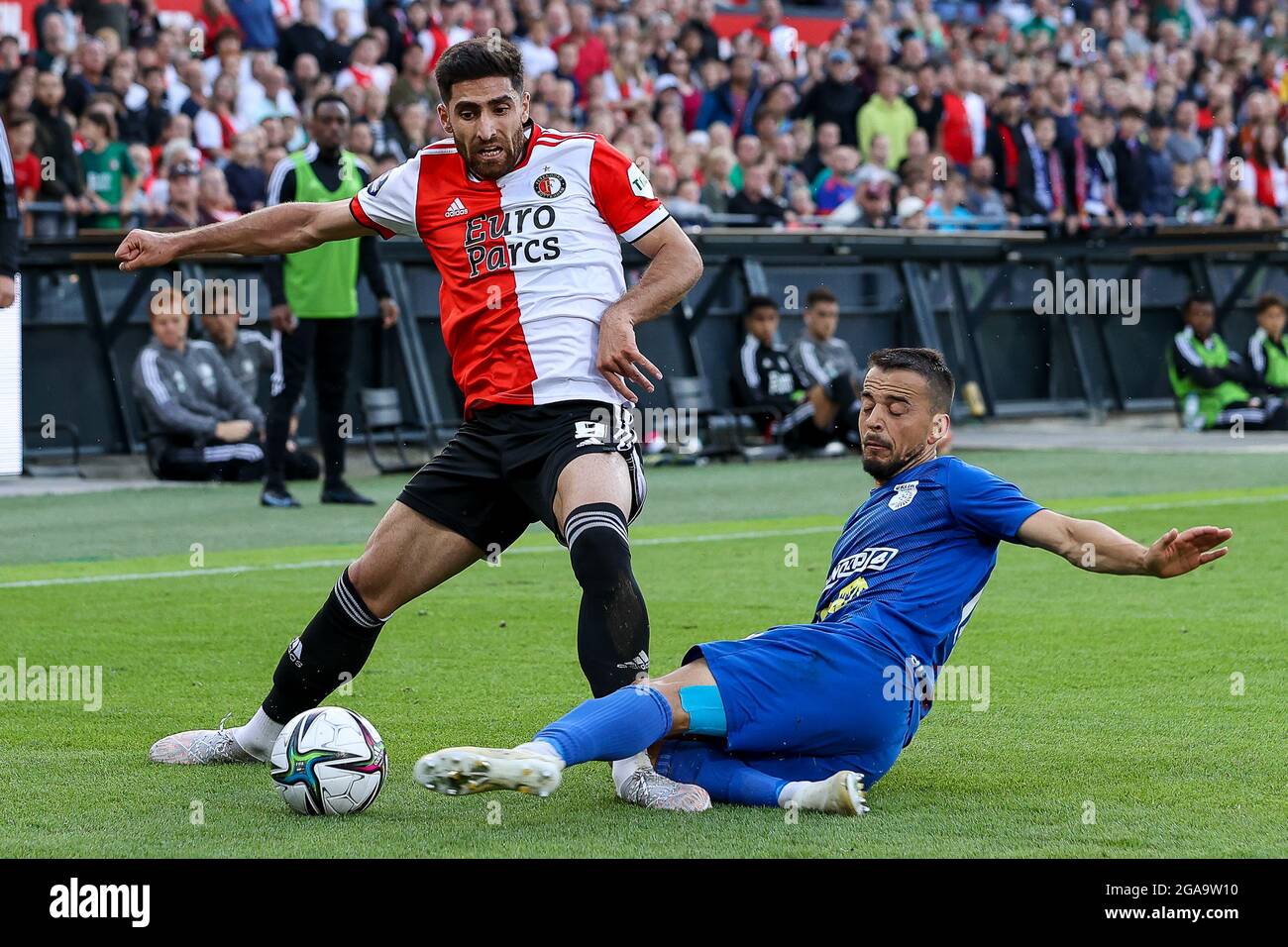 Rotterdam, Netherlands. 29th July, 2021. ROTTERDAM, NETHERLANDS - JULY 29: Alireza Jahanbakhsh of Feyenoord and Henry Austine Onoka of FC Drita during the UEFA Europa Conference League second Qualifying Round: Second Leg match between Feyenoord and FC Drita at de Kuip on July 29, 2021 in Rotterdam, Netherlands (Photo by Herman Dingler/Orange Pictures) Credit: Orange Pics BV/Alamy Live News Stock Photo