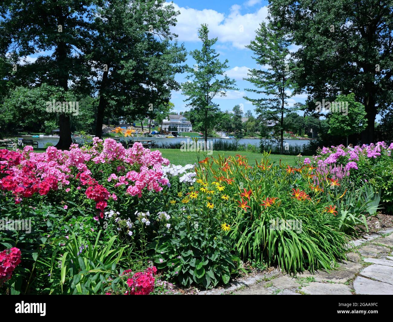 Summer flower garden with phlox in pink, red, and mauve, Stephen Leacock home museum Stock Photo