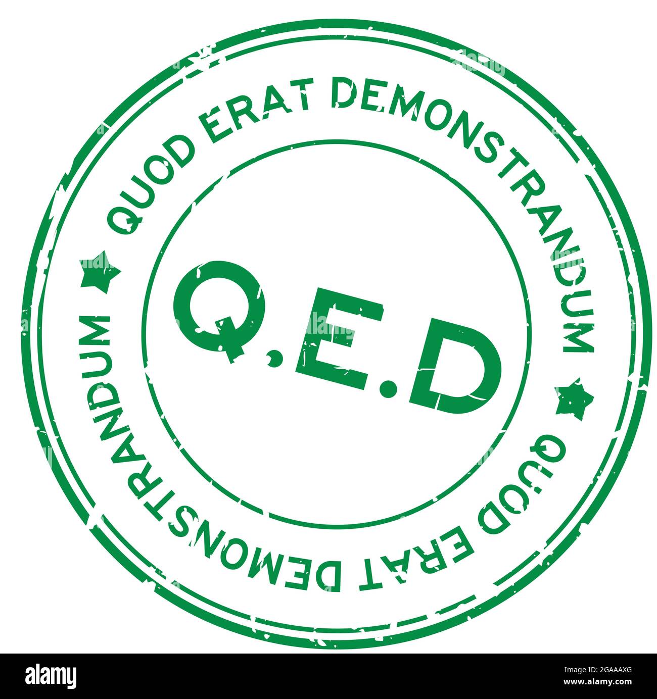 Grunge green Q.E.D. (abbreviation of Quod Erat Demonstrandum) word