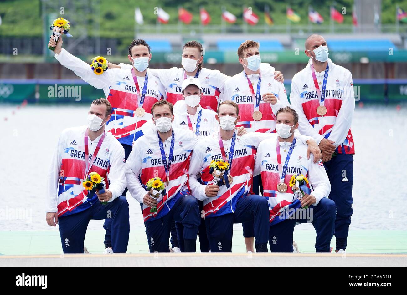 Great Britain's Josh Bugajski, Jacob Dawson, Tom George, Mohamed Sbihi, Charles Elwes, Oliver Wynne-Griffith, James Rudkin, Tom Ford and Henry Fieldman (Cox) receive their Bronze medals for the Men's Eight during the Rowing at the Sea Forest Waterway on the seventh day of the Tokyo 2020 Olympic Games in Japan. Picture date: Friday July 30, 2021. Stock Photo