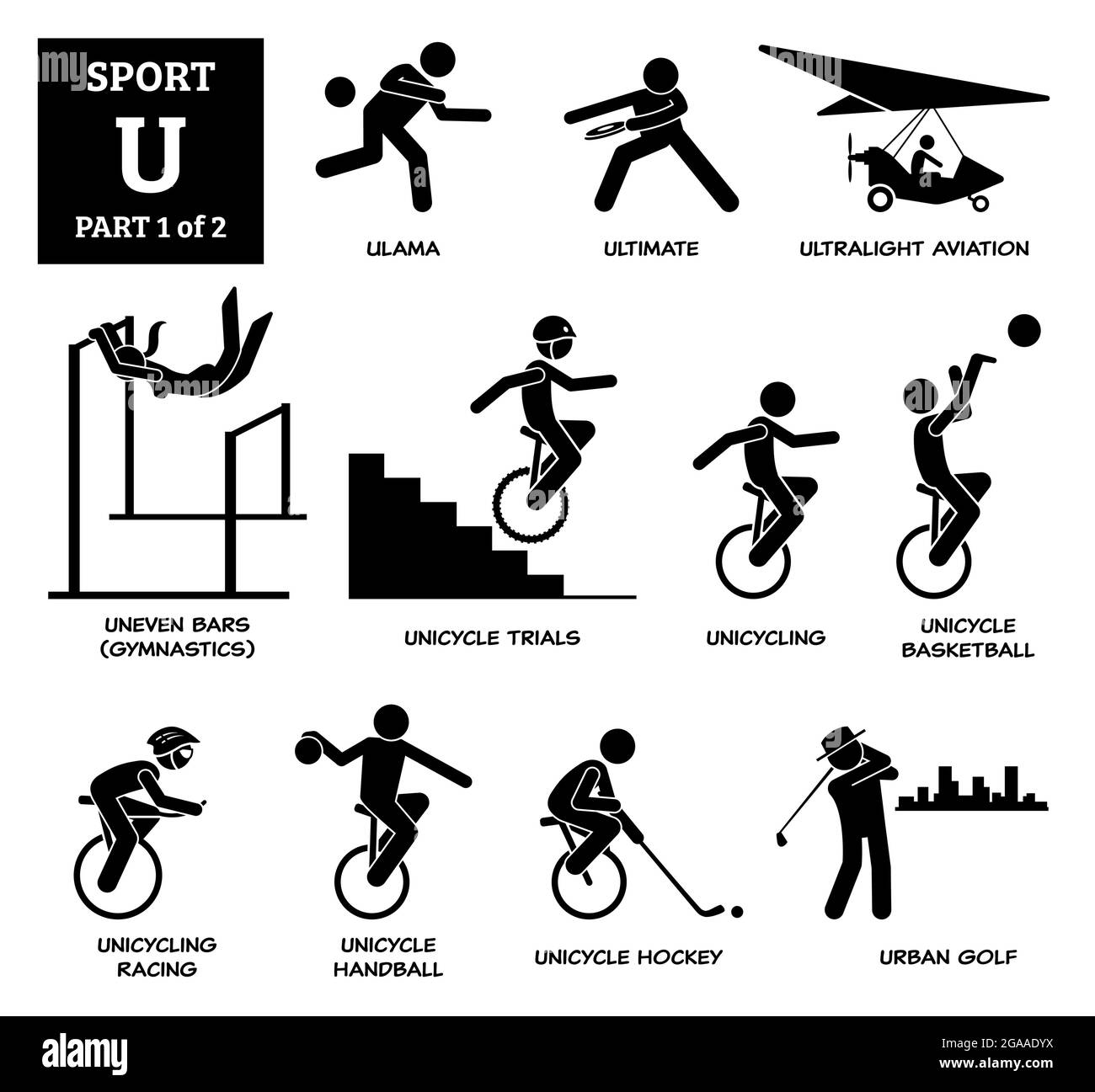 Sport games alphabet U vector icons pictogram. Ulama, ultimate, ultralight aviation, uneven bars gymnastic, unicycle trials, unicycling, unicycle bask Stock Vector