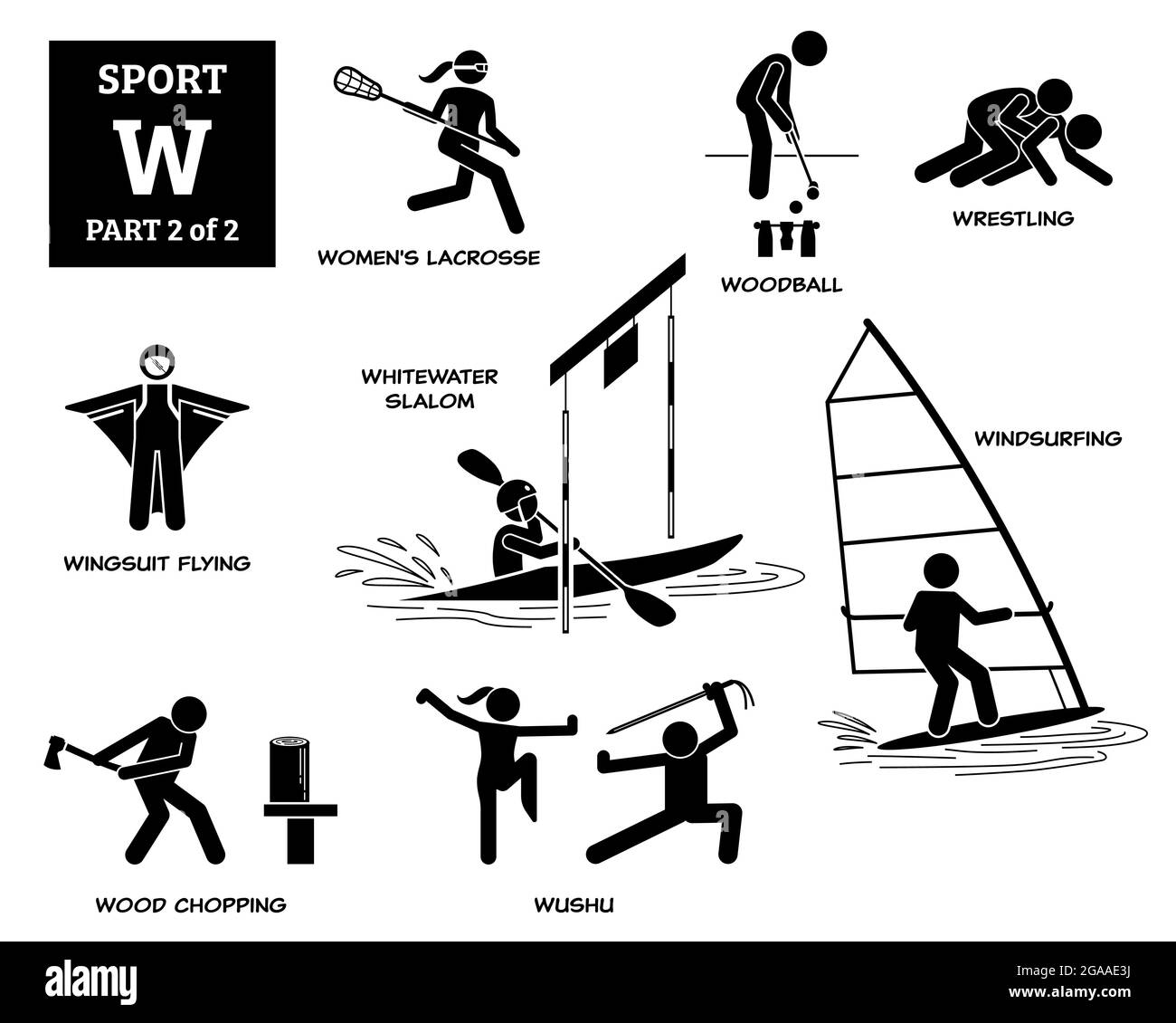 Sport games alphabet W vector icons pictogram. Women lacrosse, woodball, wrestling, wingsuit flying, whitewater slalom, windsurfing, wood chopping, an Stock Vector