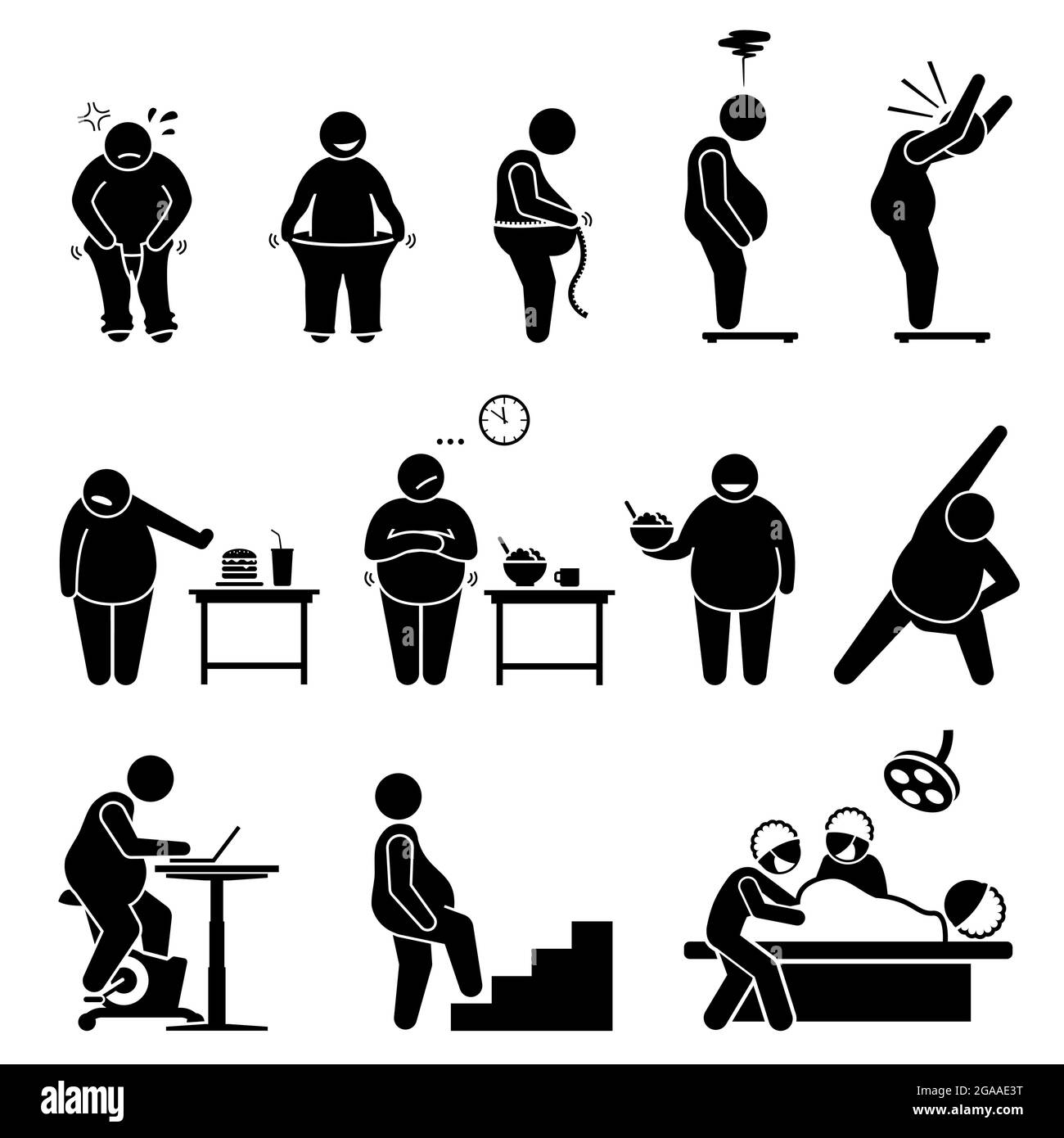 Fat man weight loss exercise diet and healthy lifestyle to become slimmer. Vector illustrations depict an obese man on weight scale, wearing pants, ea Stock Vector