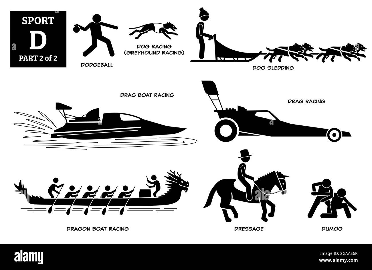 Sport games alphabet D vector icons pictogram. Dodgeball, dog racing greyhound, sledding, drag boat racing, drag car racing, dragon boat, equestrian d Stock Vector