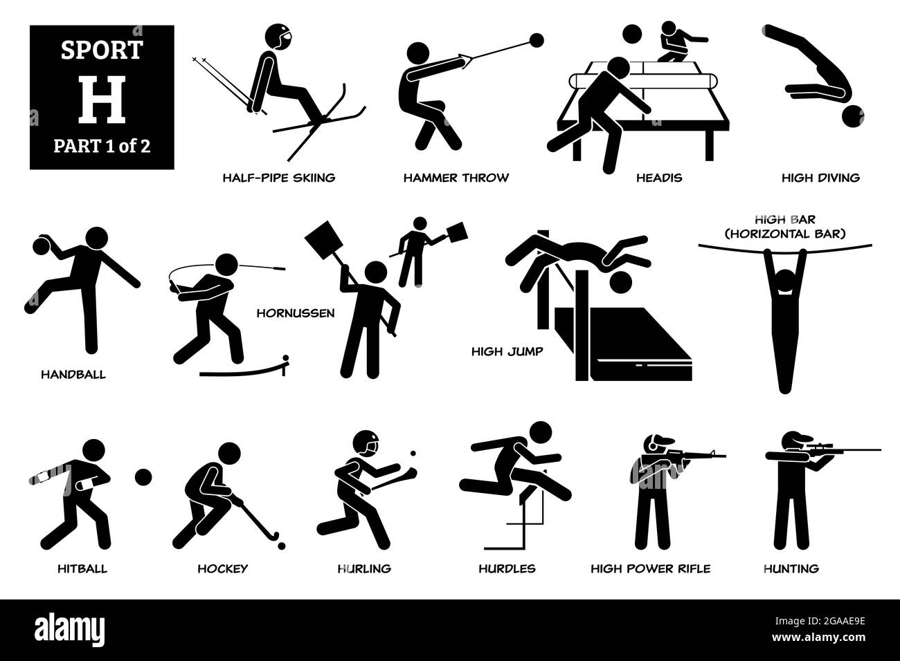 Sport games alphabet H vector icons pictogram. Half-pipe skiing, hammer throw, headis, high diving, handball, hornussen, high jump, horizontal high ba Stock Vector