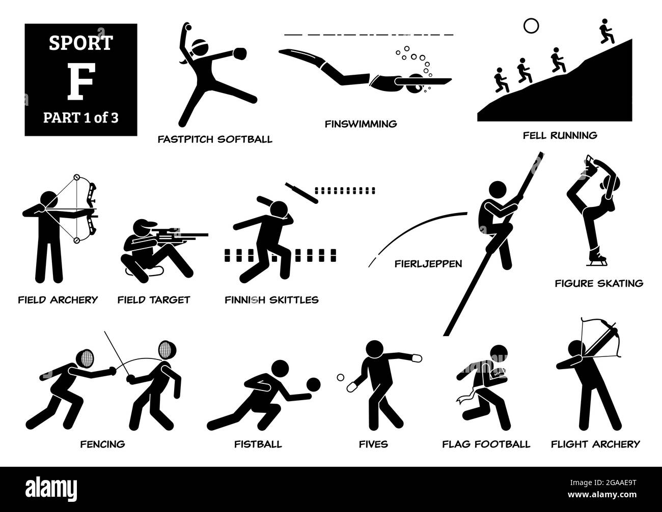 Sport games alphabet F vector icons pictogram. Fastpitch softball, finswimming, fell running, field archery flight, target, skittles, fierljeppen, fig Stock Vector
