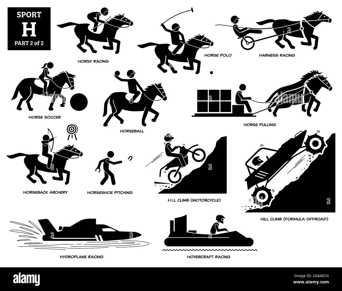 Sport games alphabet H vector icons pictogram. Horse racing, polo, soccer, harness racing, horseball, horseback archery, pitching, hill climb motorcyc Stock Vector