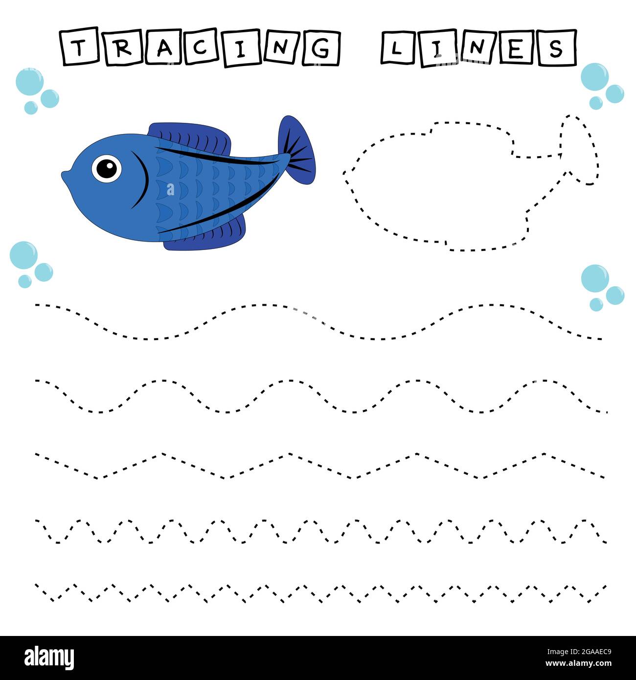 Tracing lines game with funny fishes. Worksheet for preschool kids