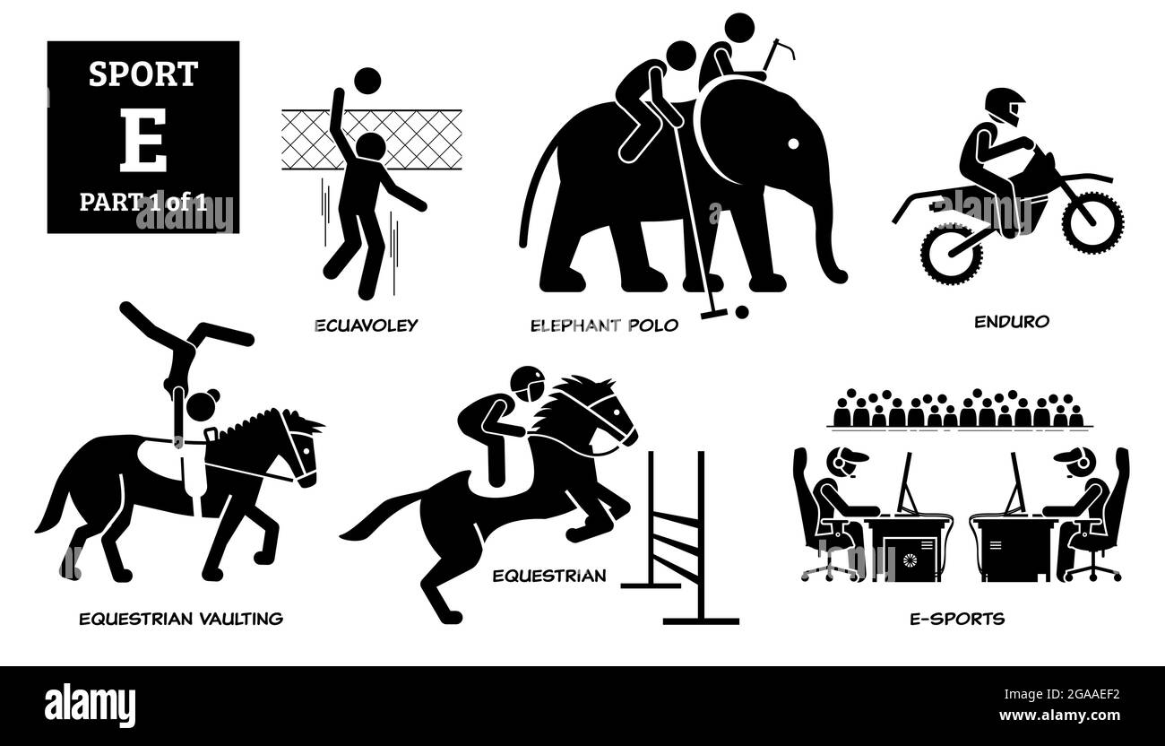 Sport games alphabet E vector icons pictogram. Ecuavoley, elephant polo, enduro, equestrian vaulting, equestrian, and E-sport. Stock Vector