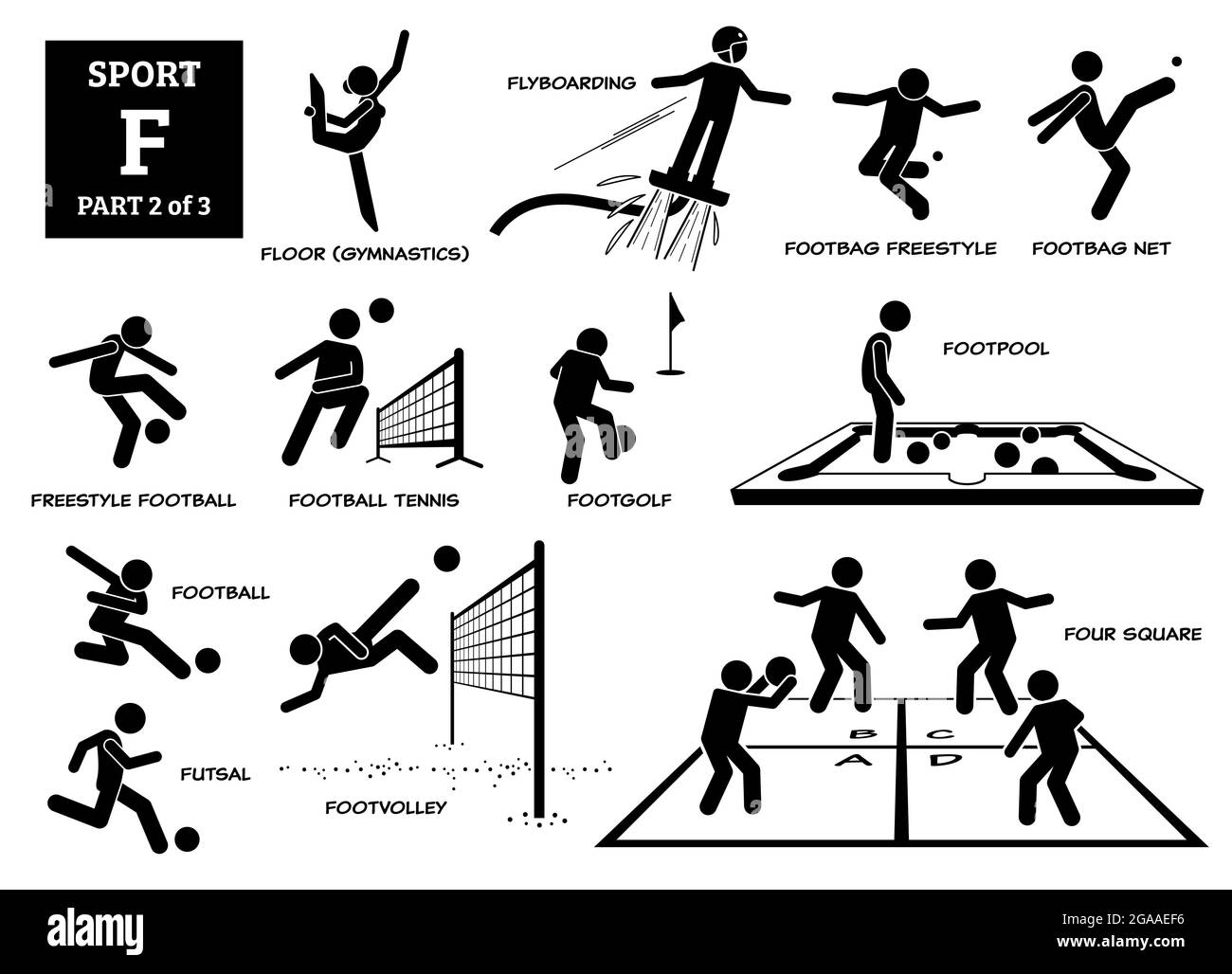 Sport games alphabet F vector icons pictogram. Floor gymnastic, flyboarding, footbag freestyle, net, freestyle football, football tennis, footgolf, fo Stock Vector