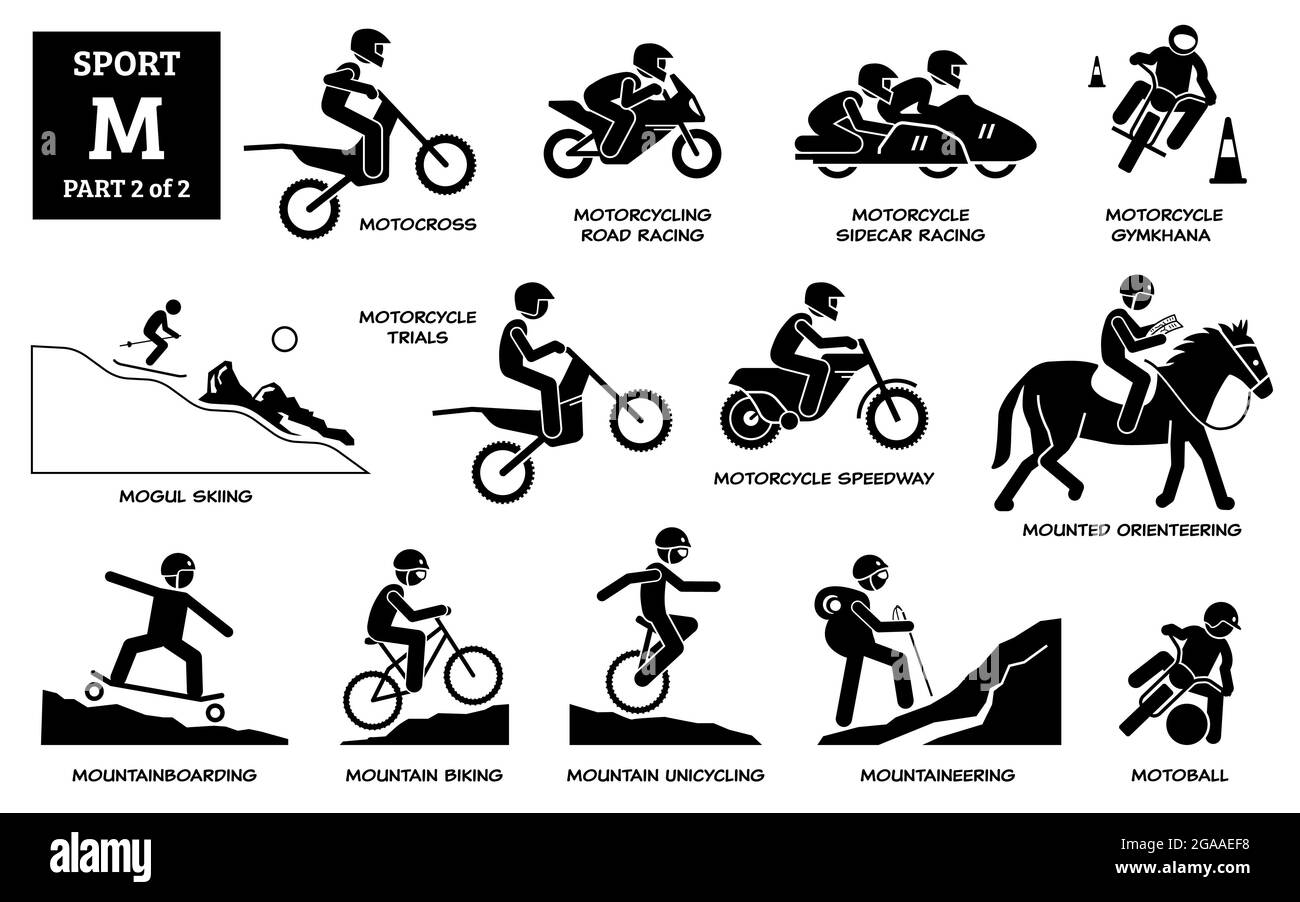 Sport games alphabet M vector icons pictogram. Motocross, motorcycling road racing, sidecar, gymkhana, mogul skiing, motorcycle trials, speedway, moun Stock Vector