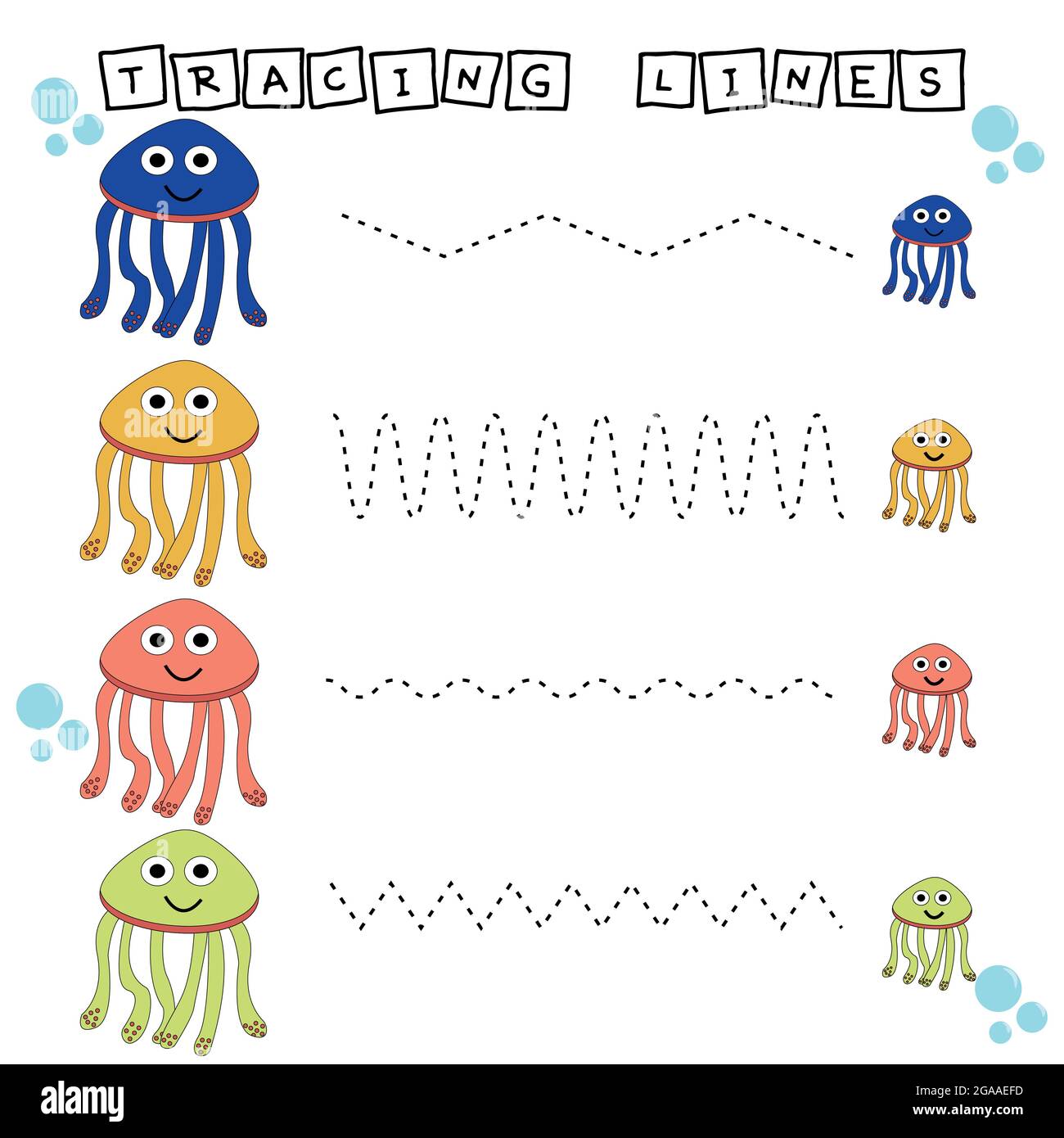 Tracing lines game with funny jellyfish. Worksheet for preschool kids