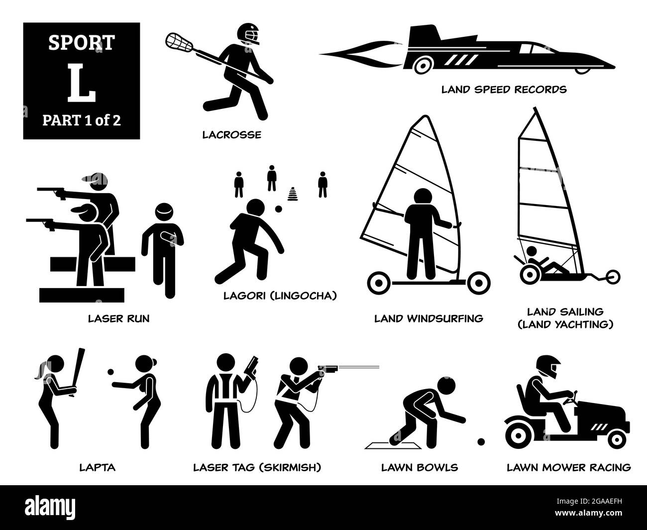 Sport games alphabet L vector icons pictogram. Lacrosse, land speed records, laser run, lagori, land windsurfing, land sailing yachting, lapta, laser Stock Vector
