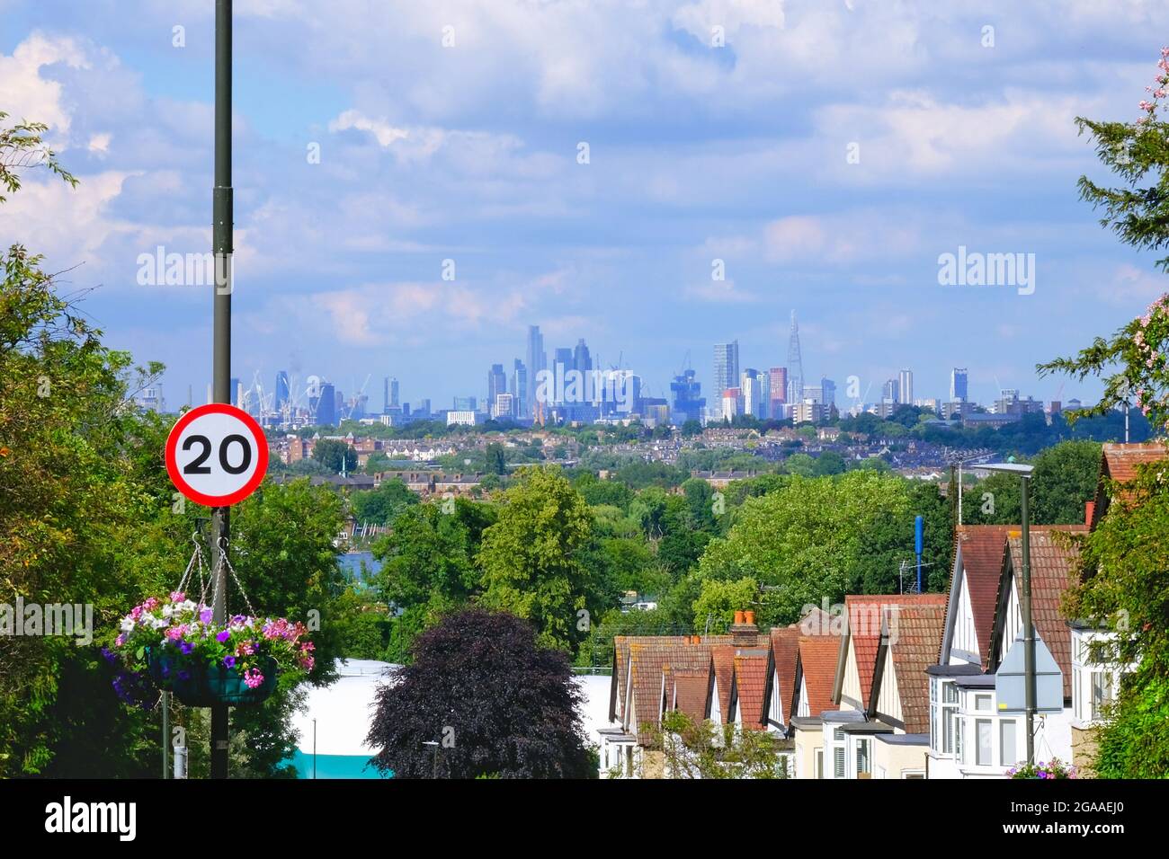 View over Wimbledon Village rooftops where the London skyline from Wandsworth, Vauxhall and the
