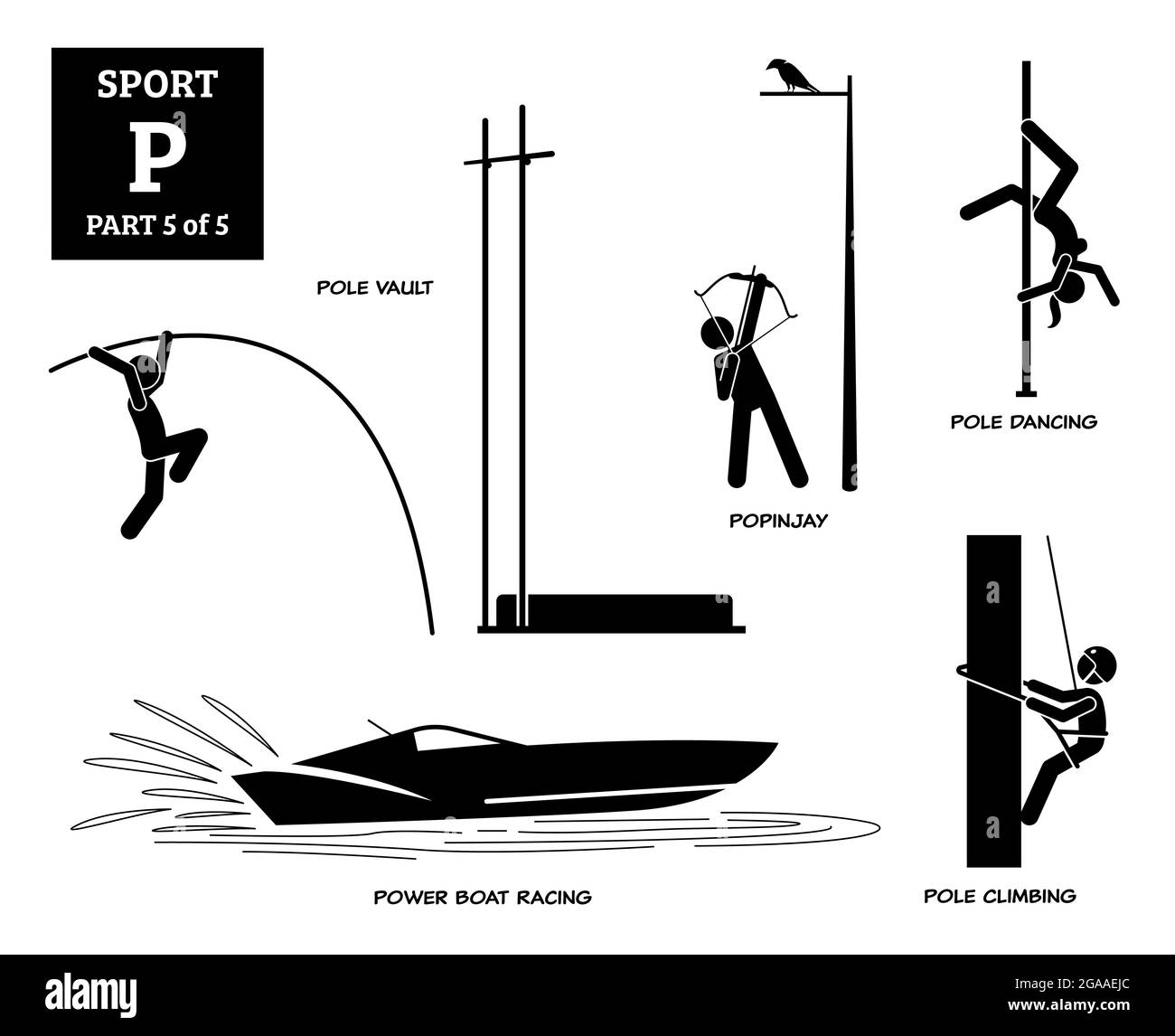 Sport games alphabet P vector icons pictogram. Pole vault, popinjay, pole dancing, power boat racing, and pole climbing. Stock Vector