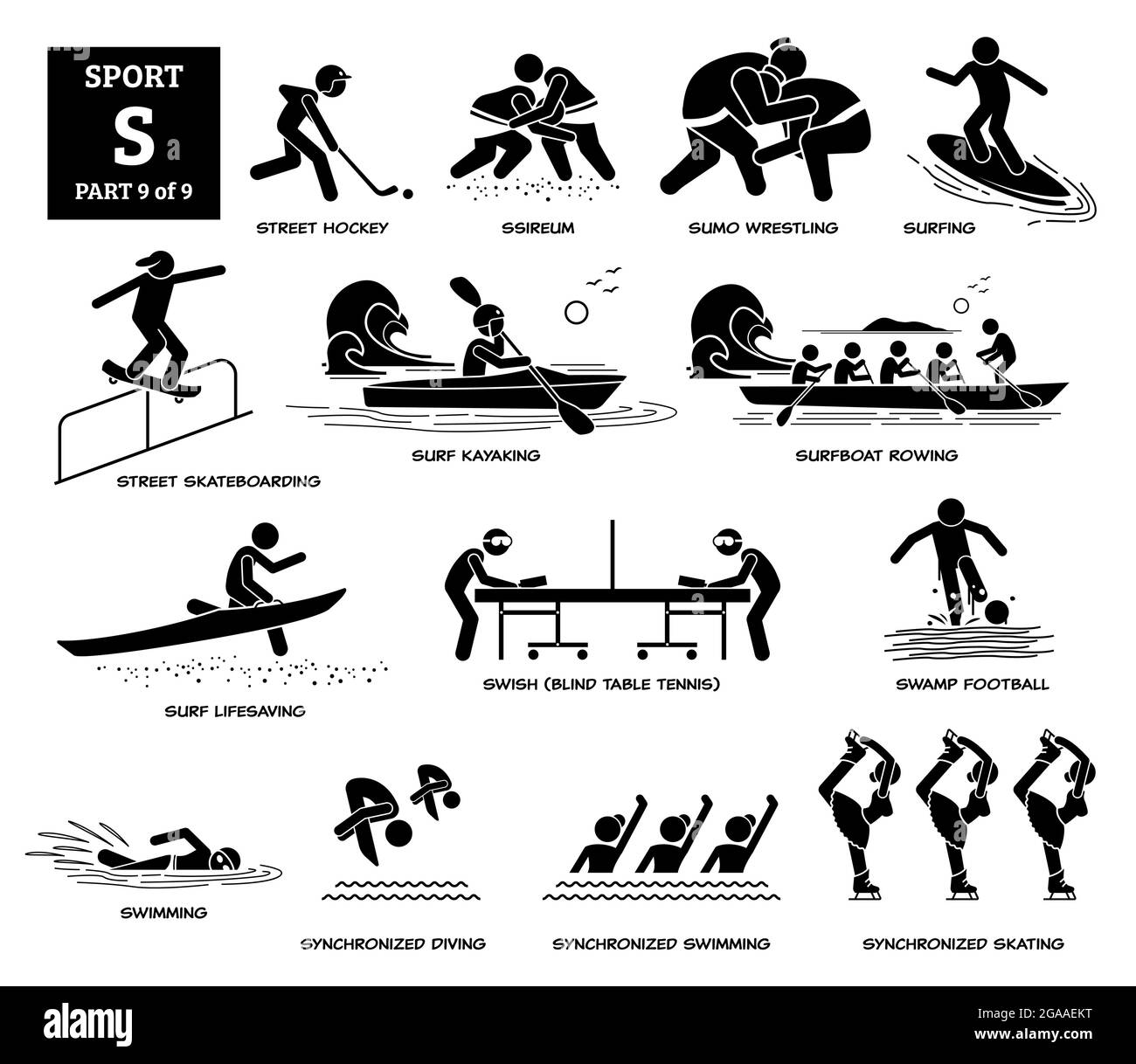 Sport games alphabet S vector icons pictogram. Street hockey, sumo, surfing, street skateboarding, surf kayaking, surfboat rowing, swish, swamp footba Stock Vector
