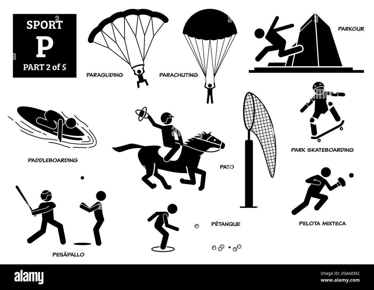 Sport games alphabet P vector icons pictogram. Paragliding, parachuting, parkour, paddleboarding, pato, park skateboarding, pesapallo, petanque, and p Stock Vector