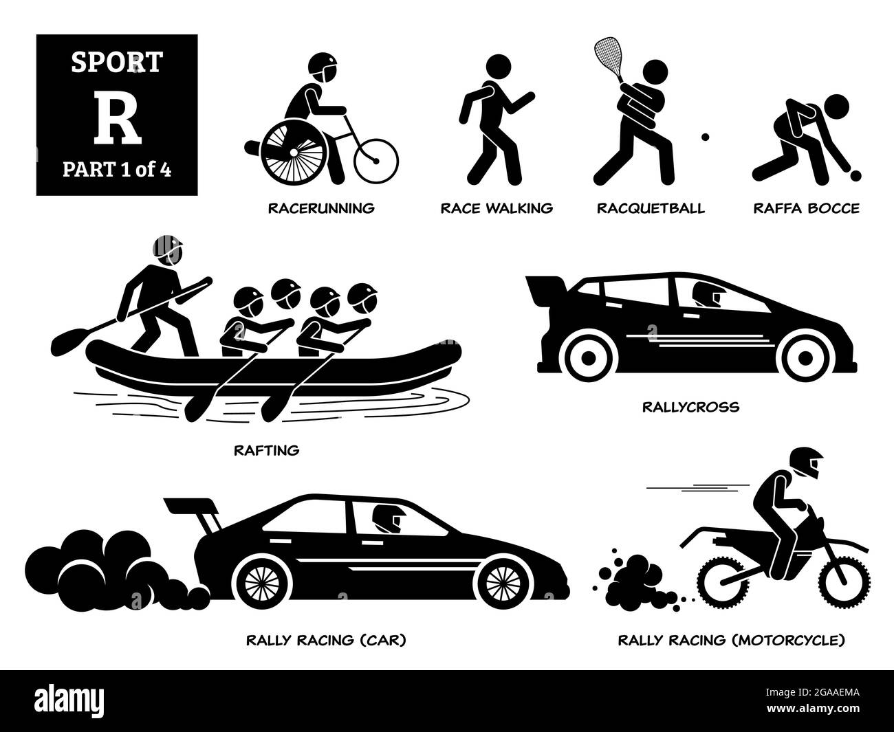Sport games alphabet R vector icons pictogram. Racerunning, race walking, racquetball, raffa bocce, rafting, rallycross, rally racing car, and rally r Stock Vector